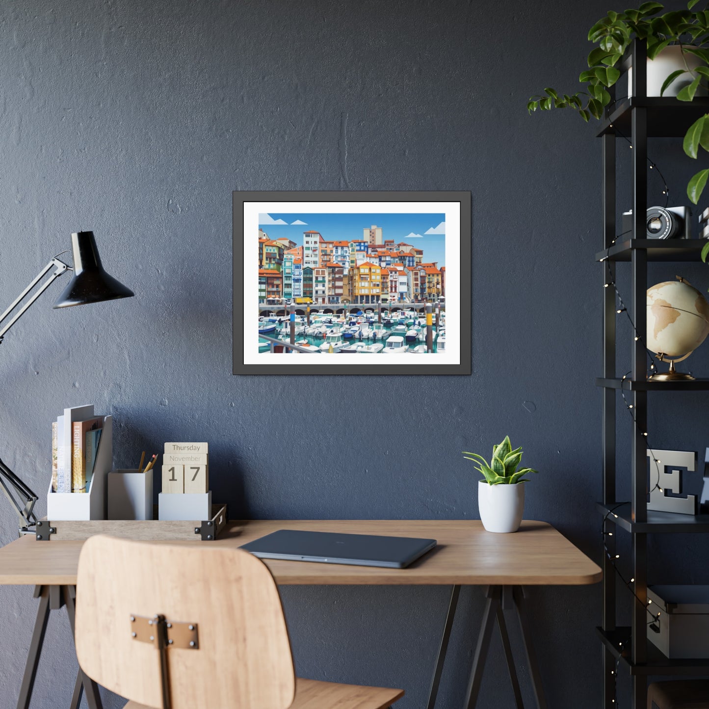 Harbor Marina Framed Poster — Colorful Coastal Cityscape Wall Art
