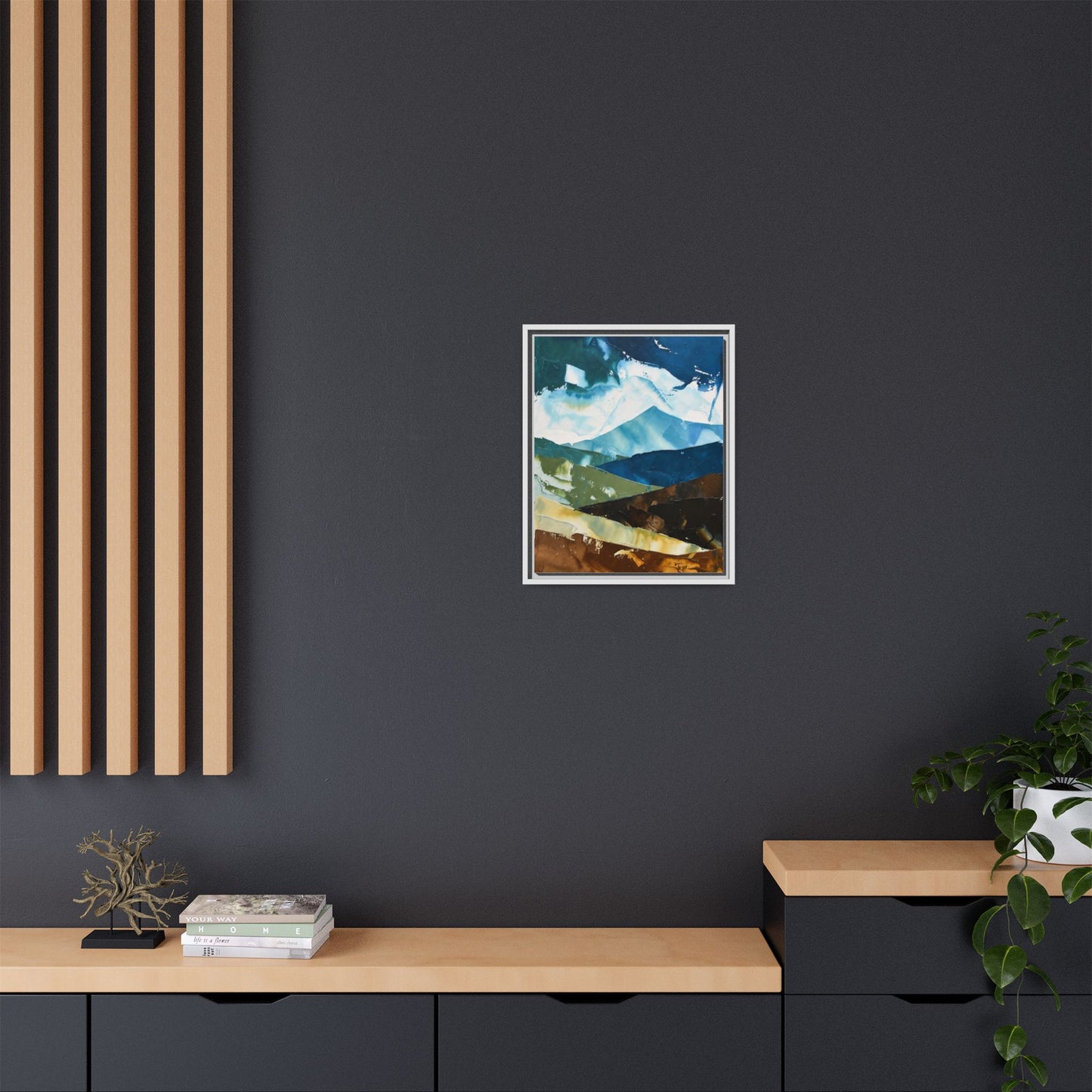 Framed Abstract Mountain Canvas Art — Blue & Earthtone Landscape Print