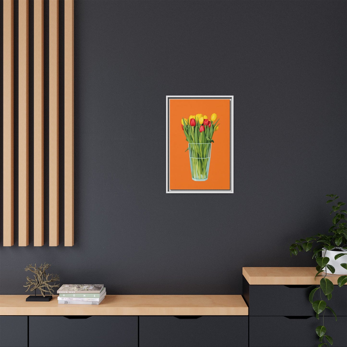 Framed Tulip Canvas Print — Colorful Tulips in Glass Vase
