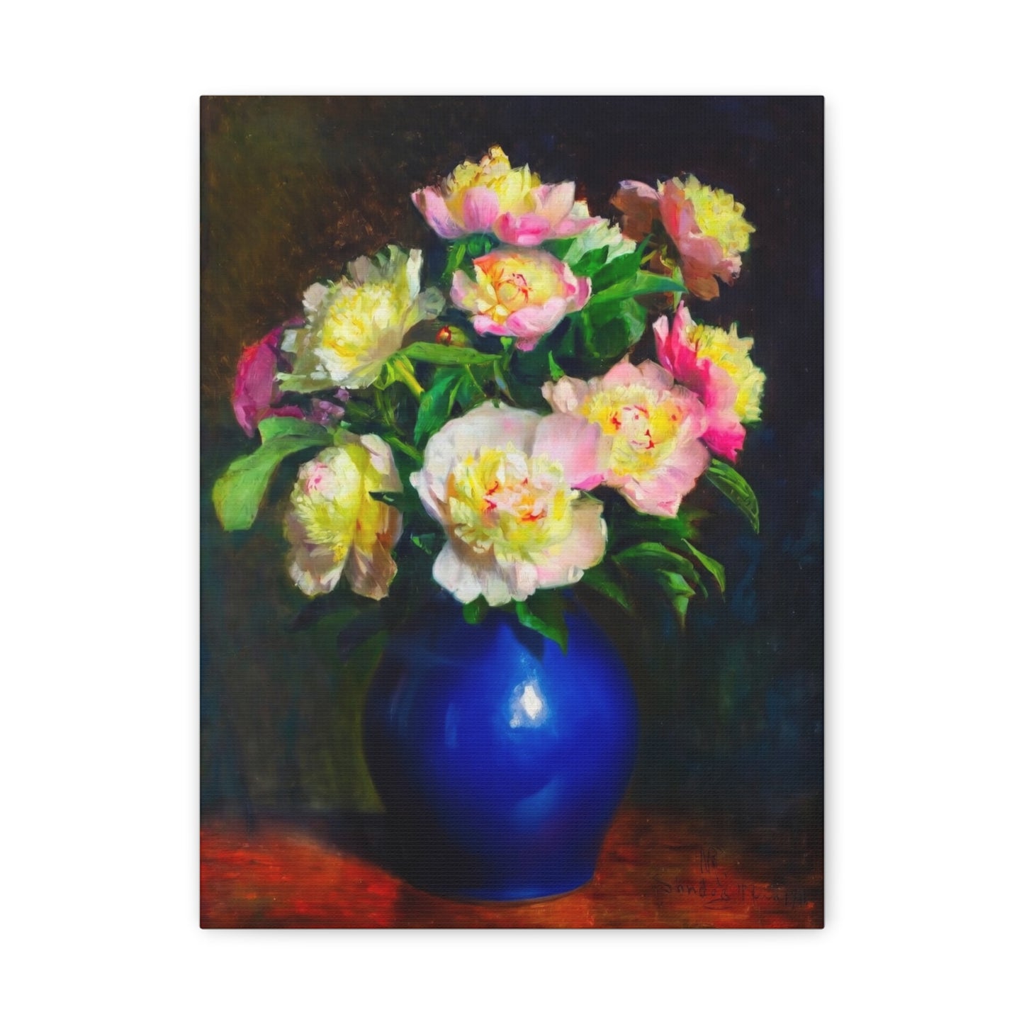 Peony Bouquet Canvas Print — Pink Peonies in Blue Vase, Stretched Matte Wall Art