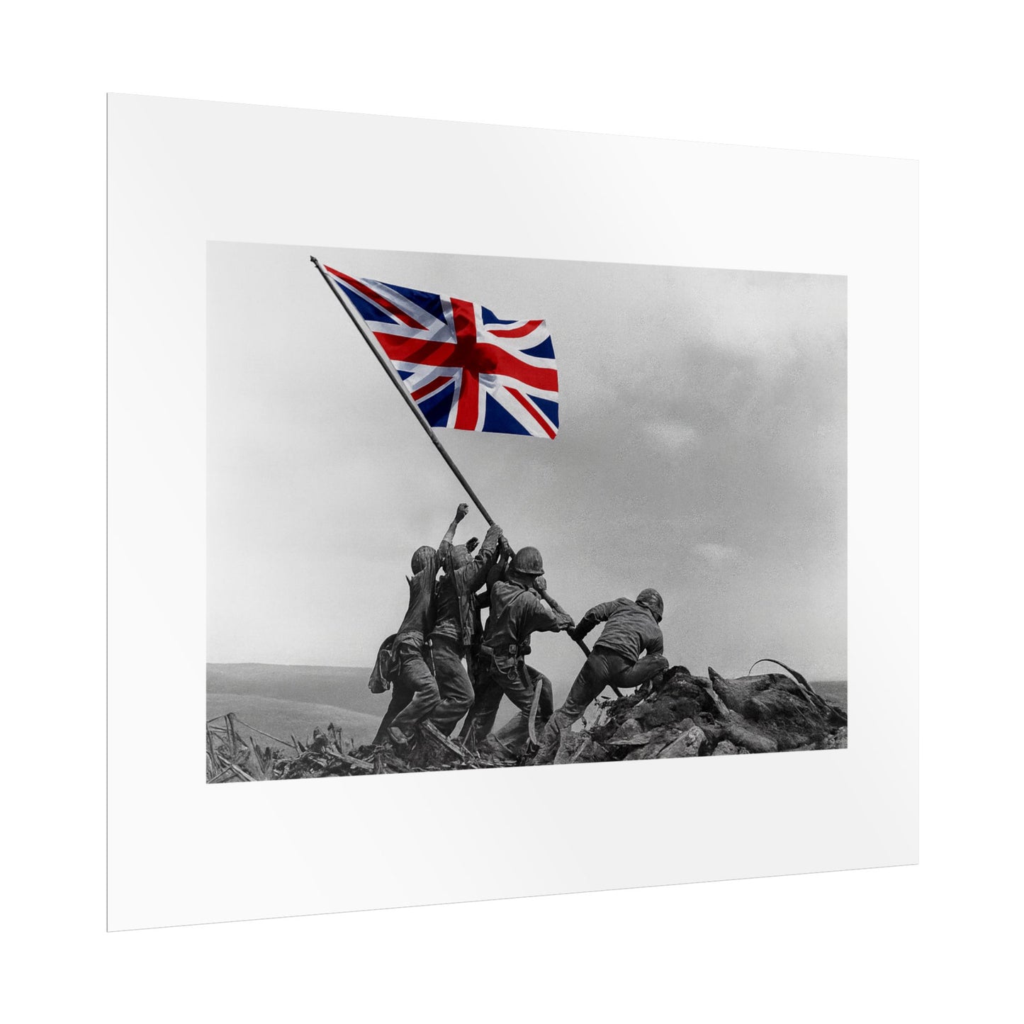 Raising the Union Jack by Unknown attributed to Joe Rosenthal Wall Art Print