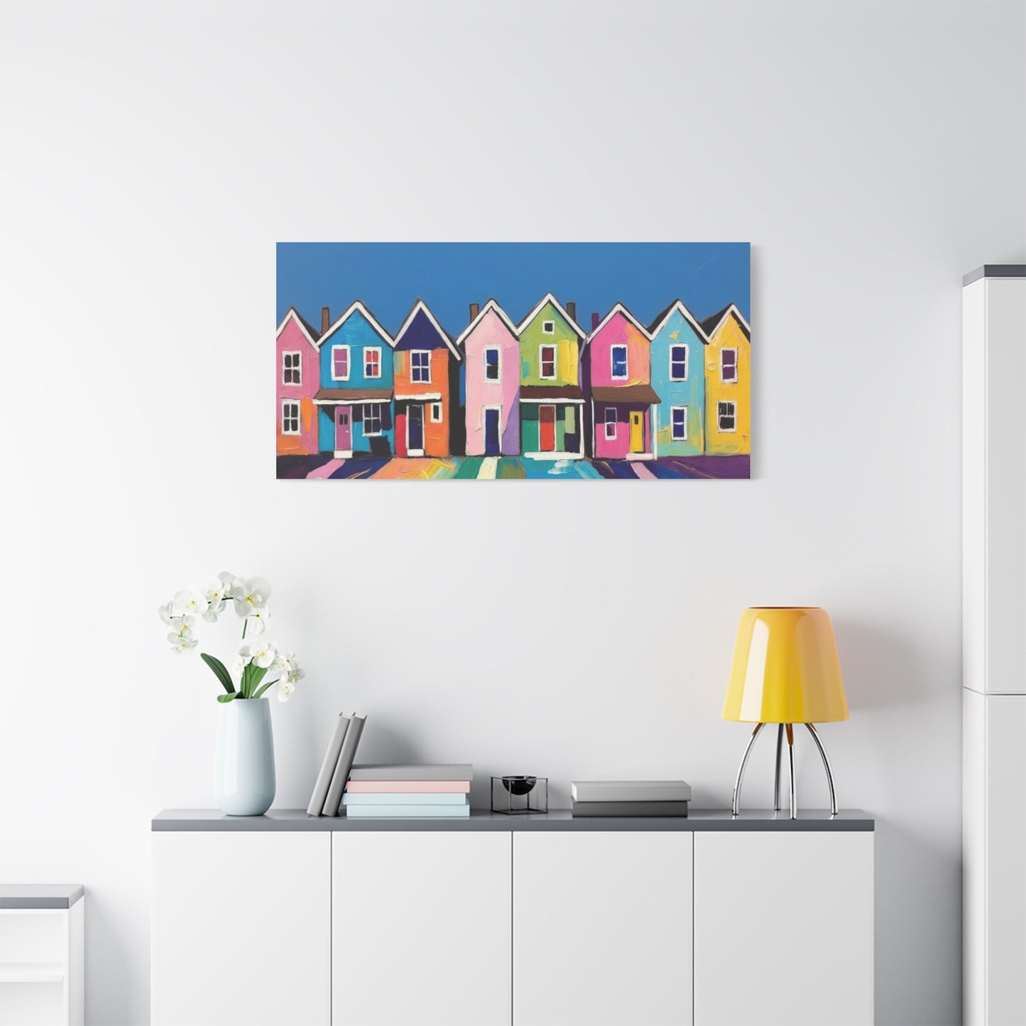 Colorful Row Houses Matte Canvas Print Vibrant Coastal Neighborhood Wall Art