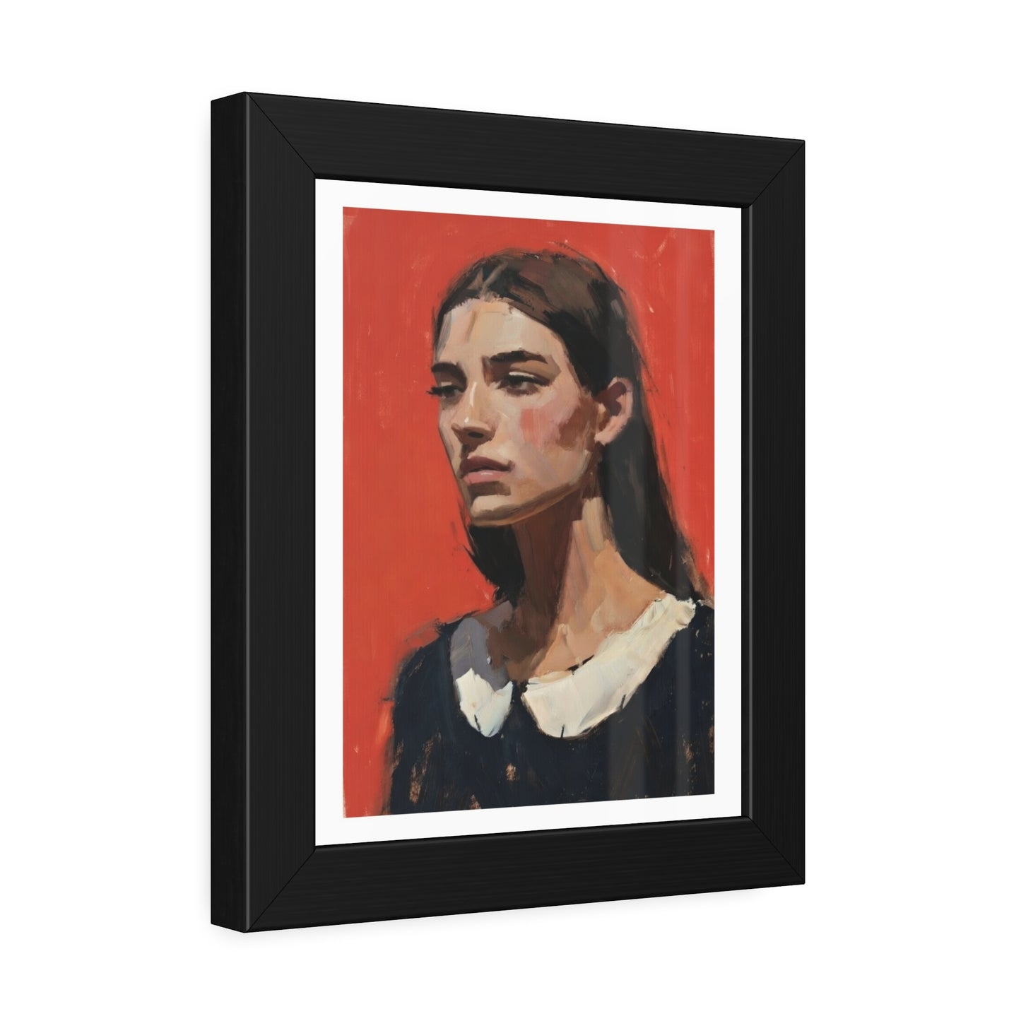 Framed Art Print — Distant Woman Portrait Painting on Red Background