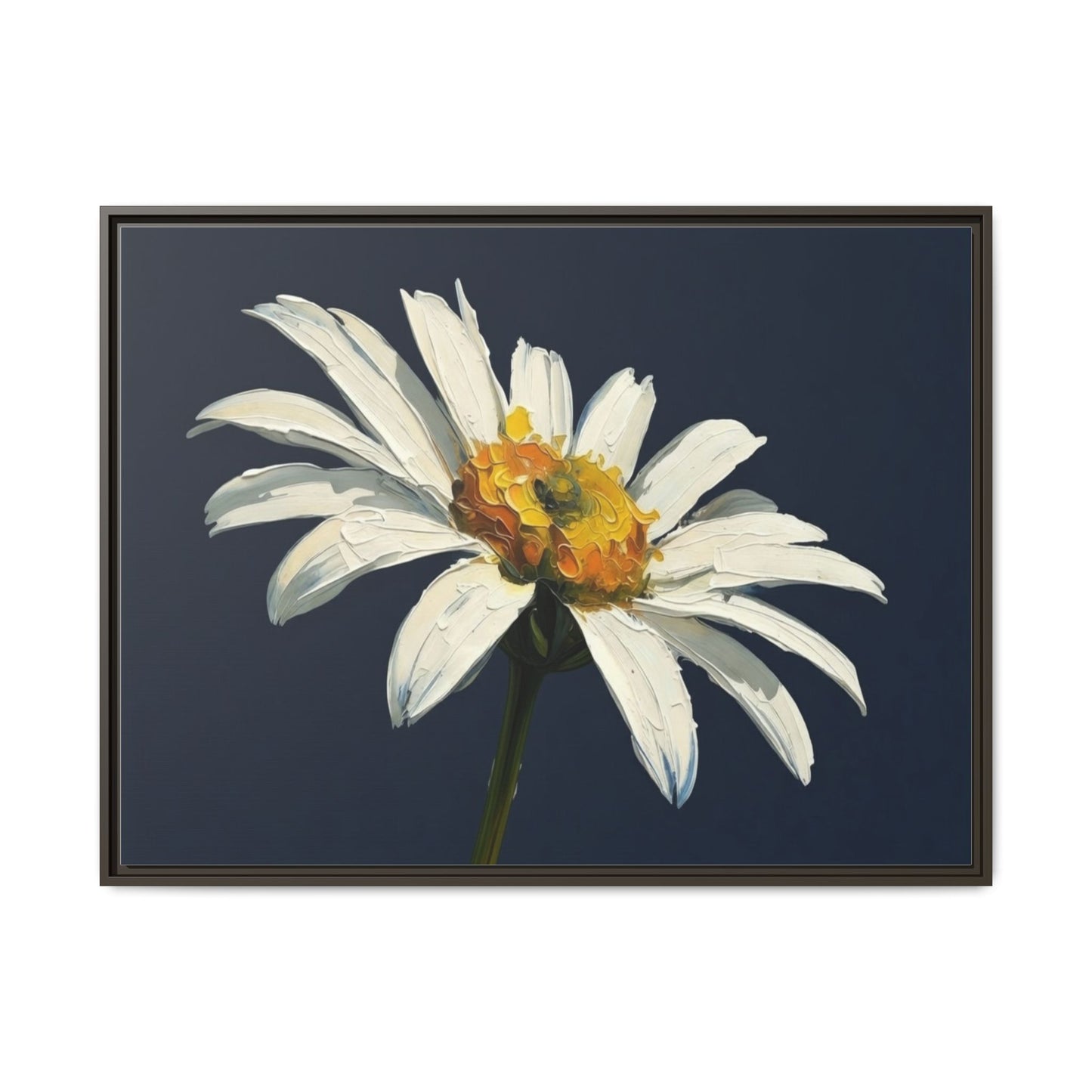 Framed Matte Canvas Daisy Wall Art — White Floral Painting on Navy