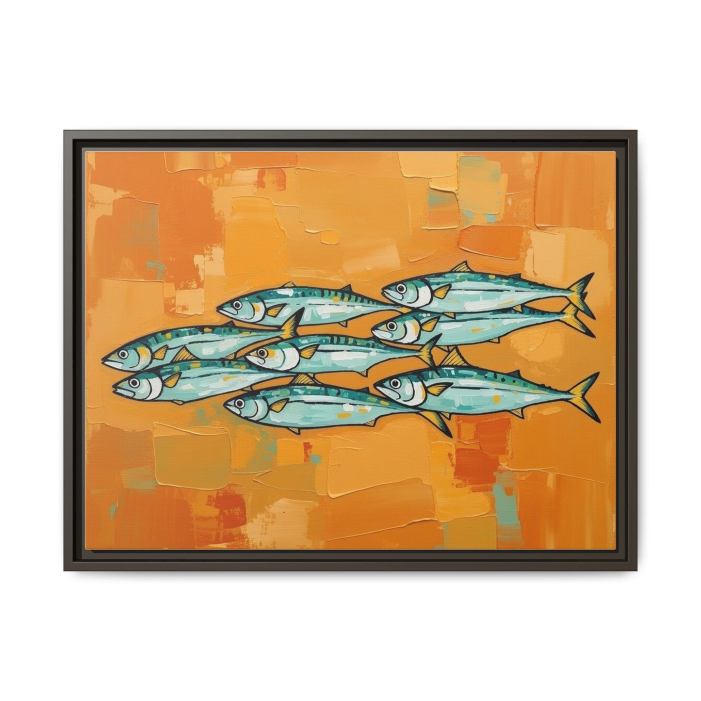 Framed Matte Canvas Print — School of Blue Fish on Orange Abstract Background