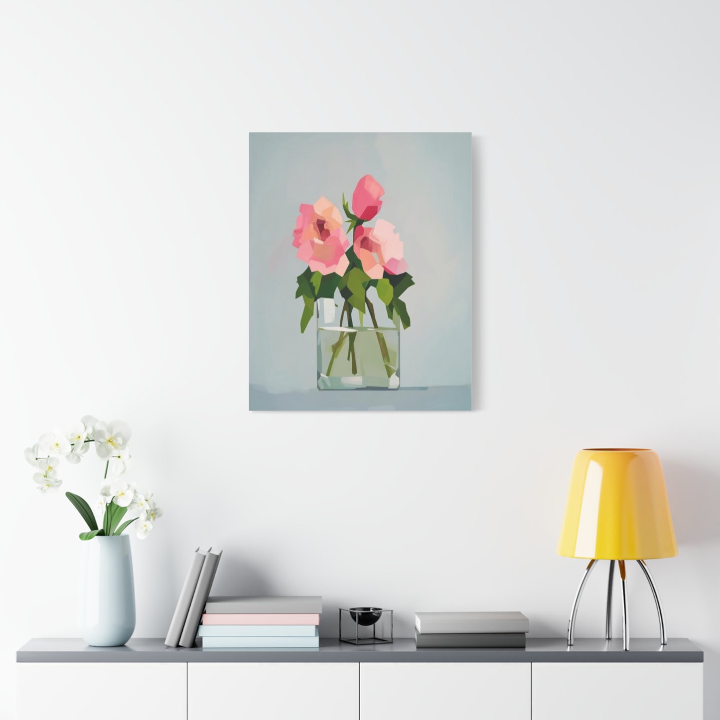 Pink Roses in Square Vase - Matte Stretched Canvas Wall Art