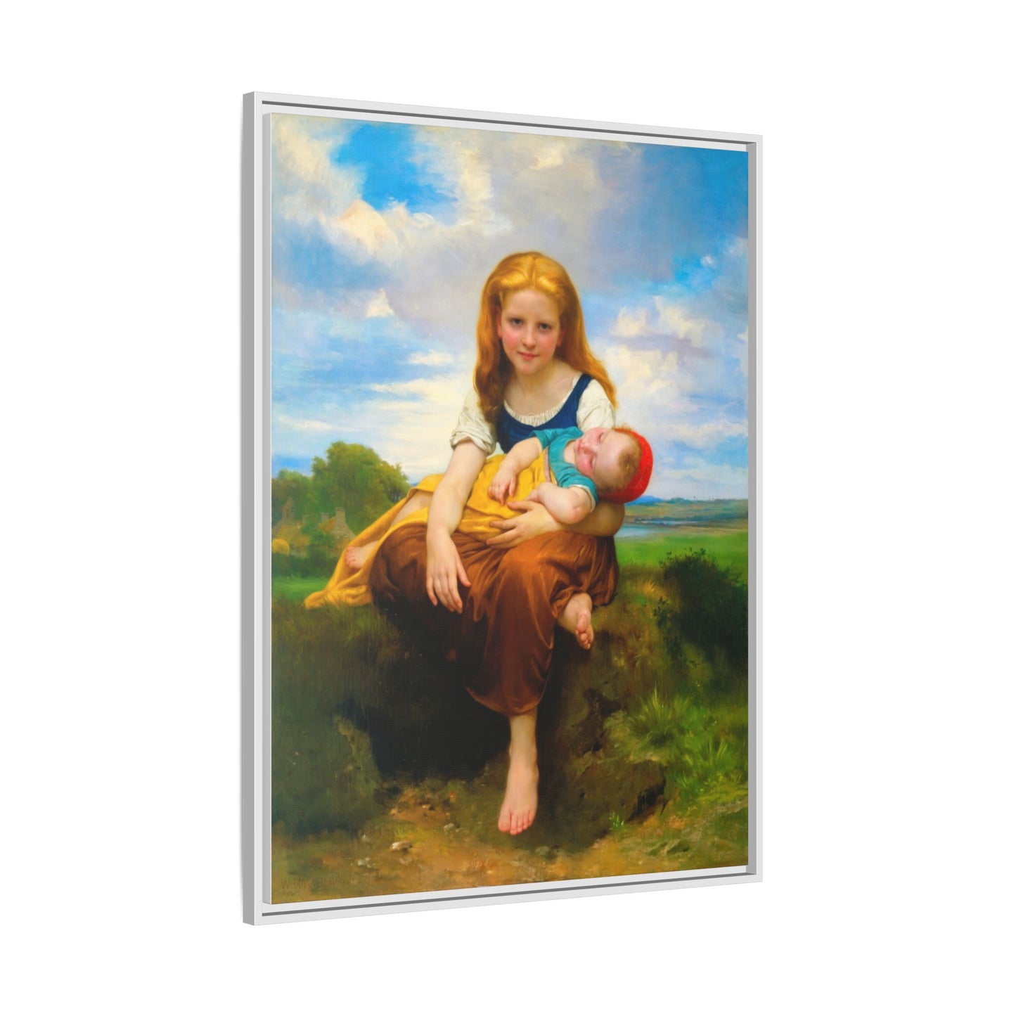 Young Girl Holding Sleeping Baby Canvas Print, Framed Wall Art