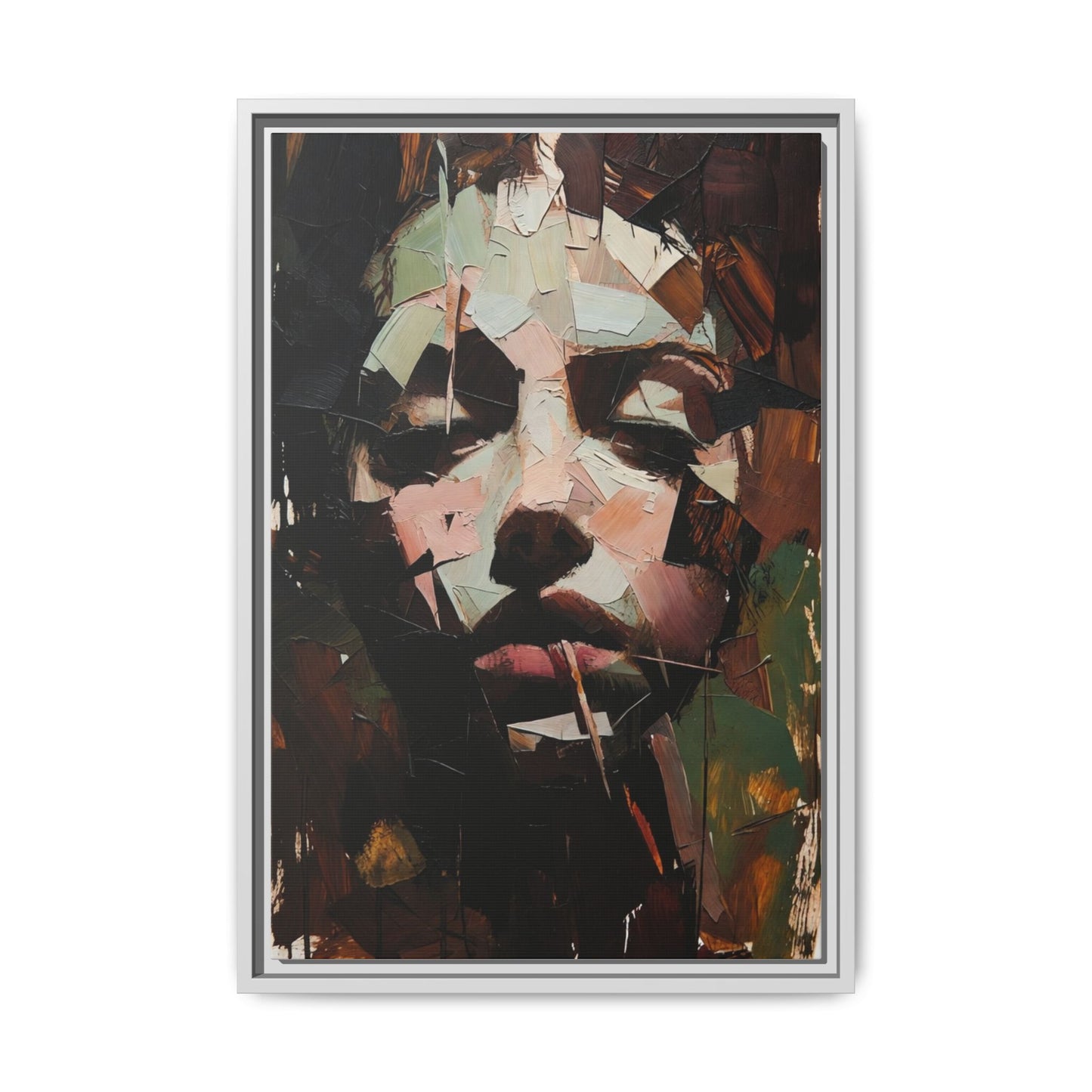 Matte Framed Canvas Art — Abstract Female Portrait, Moody Multicolor
