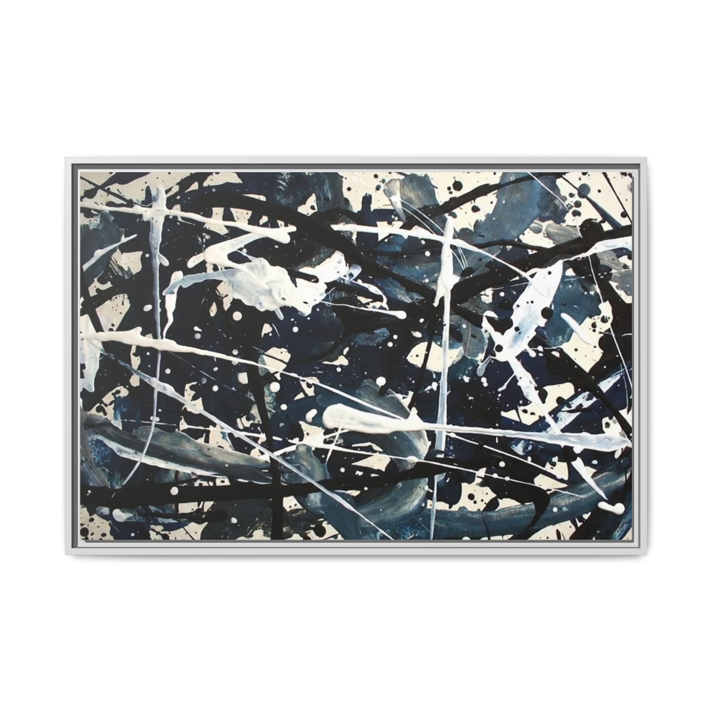 Abstract Splatter Matte Canvas Framed Wall Art — Black & Blue Modern Art Print