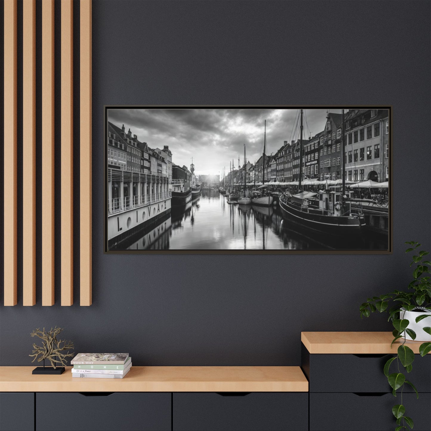 Framed Matte Canvas: Black & White Dutch Canal Photography Wall Art