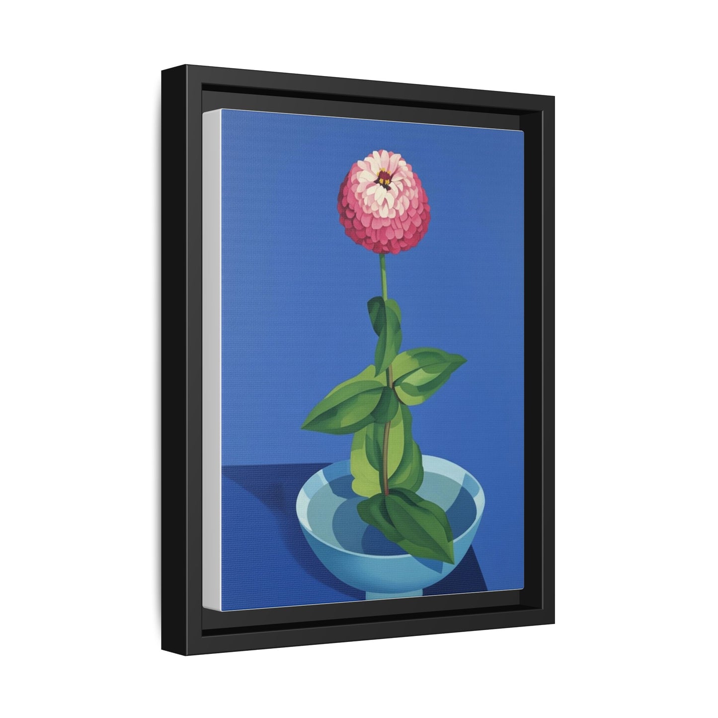 Framed Matte Canvas Art — Pink Zinnia in Blue Bowl (Botanical Still Life)