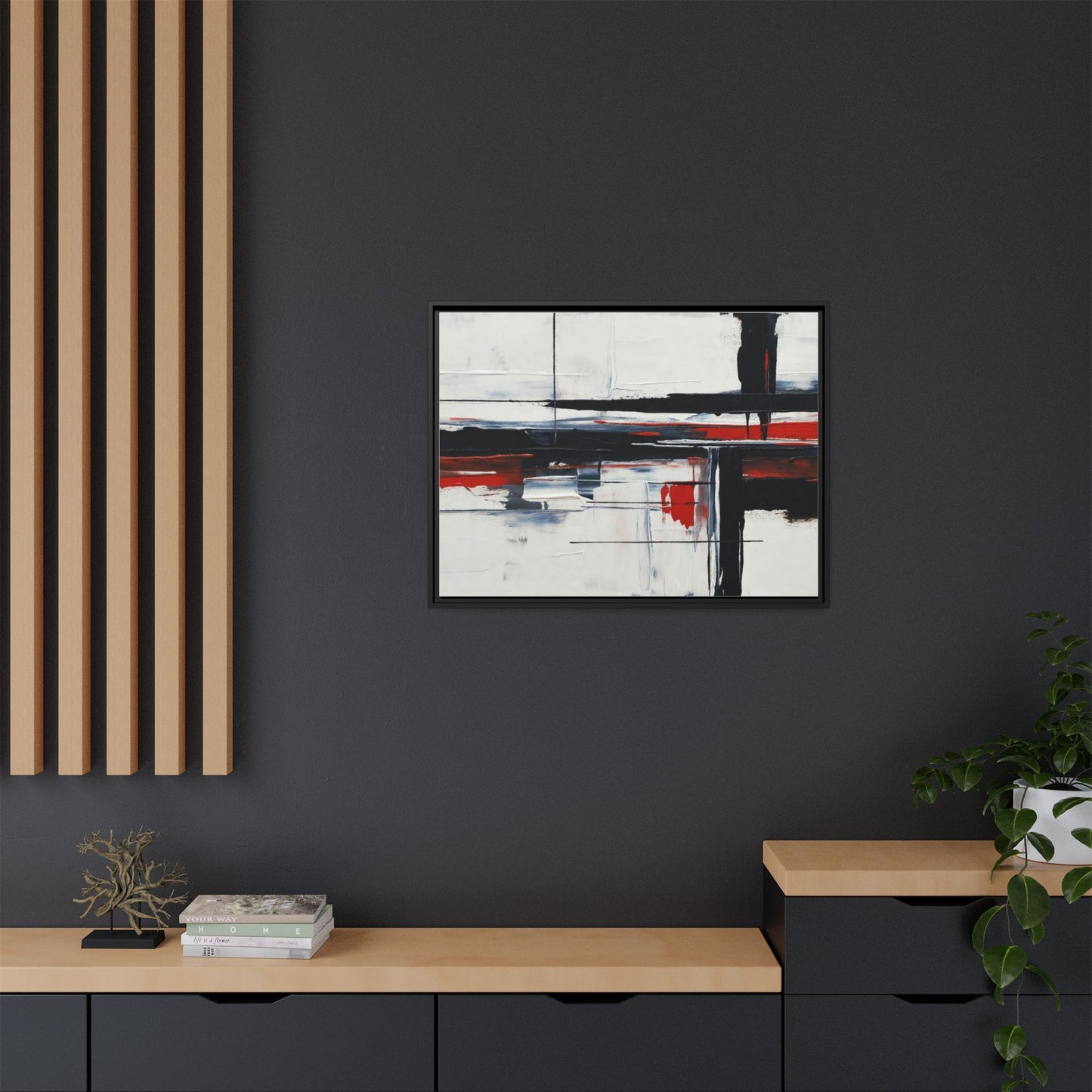 Abstract Red & Black Framed Canvas Art — Modern Matte Wall Painting
