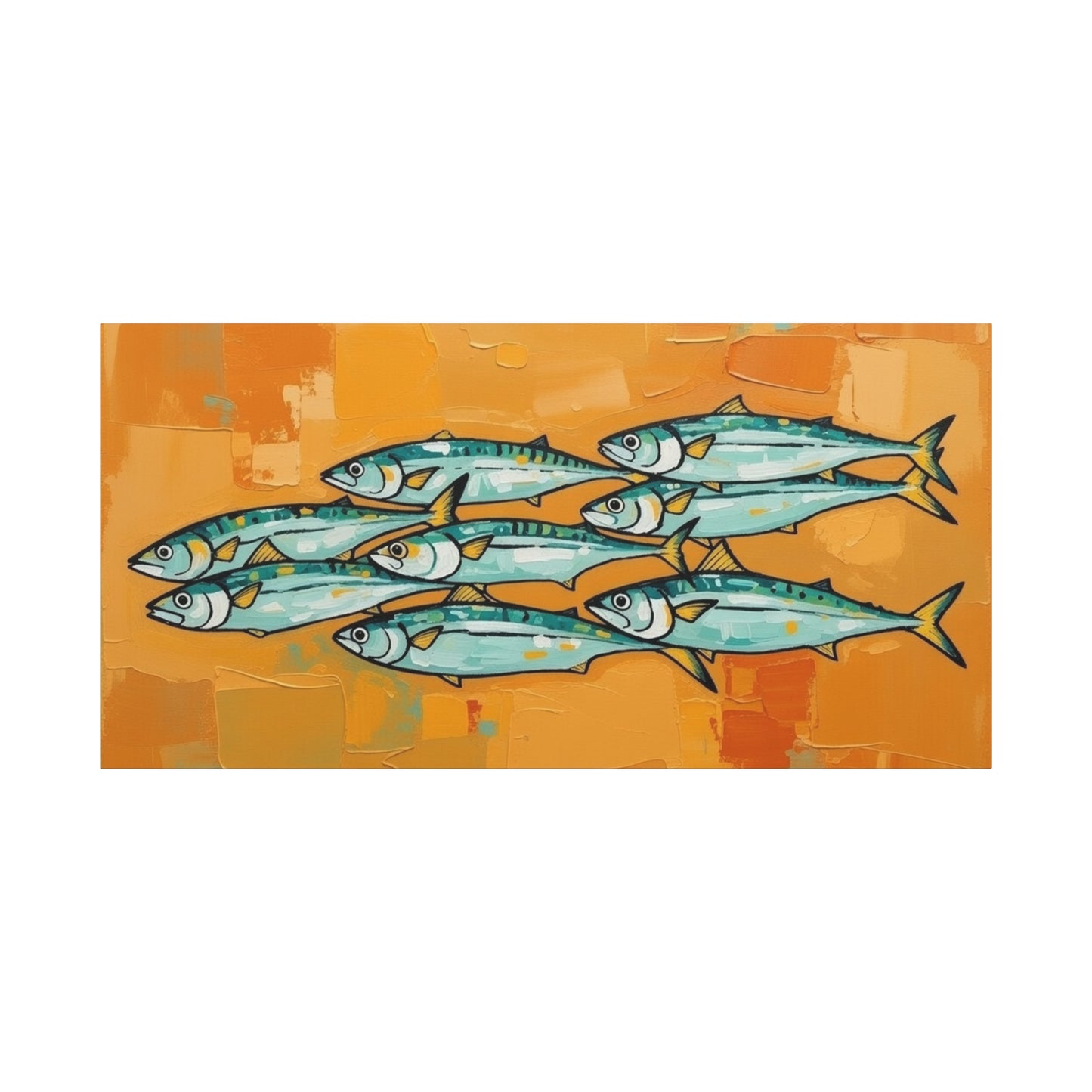 School of Mackerel Canvas Wall Art — Nautical Fish Painting on Orange Background