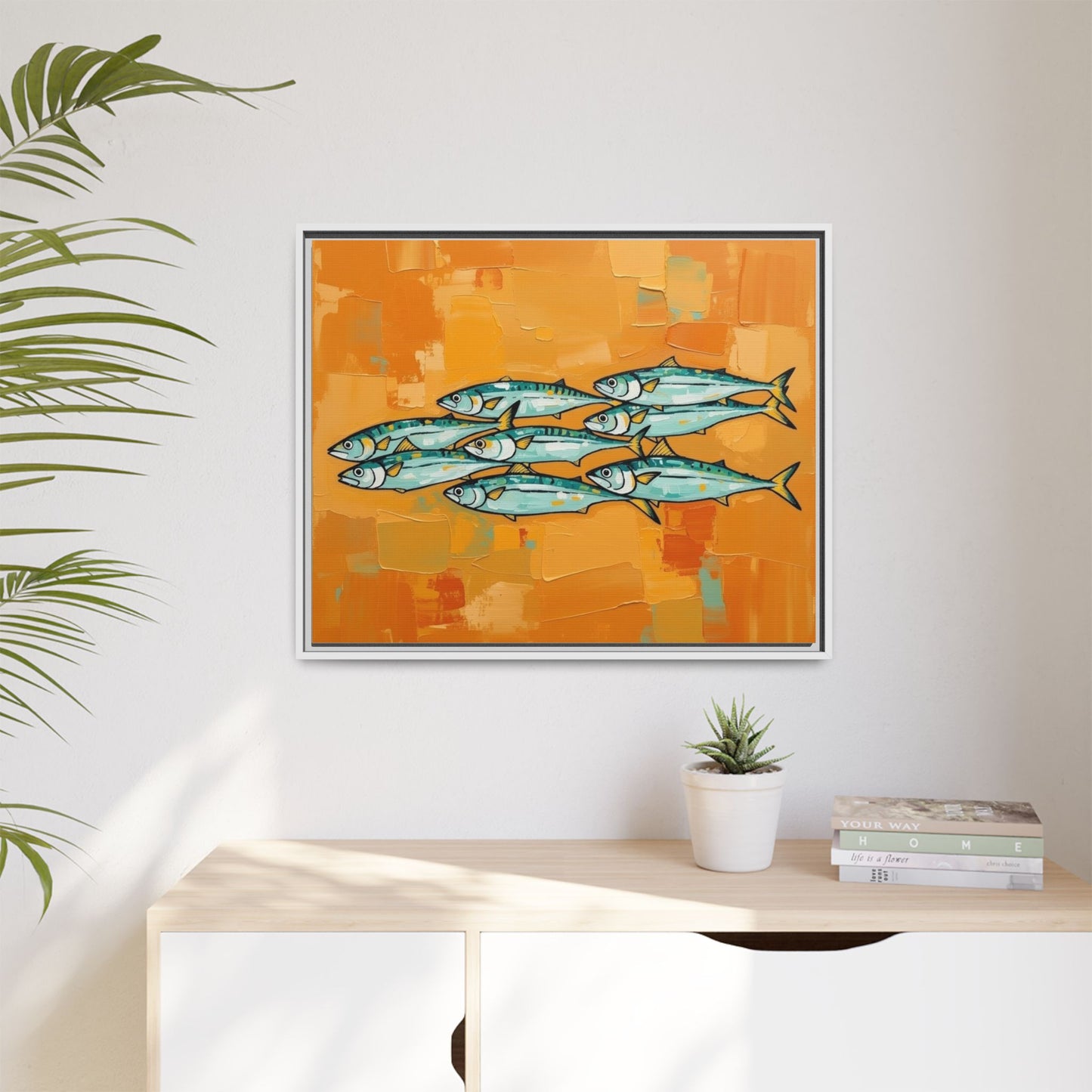 Framed Matte Canvas Print — School of Blue Fish on Orange Abstract Background