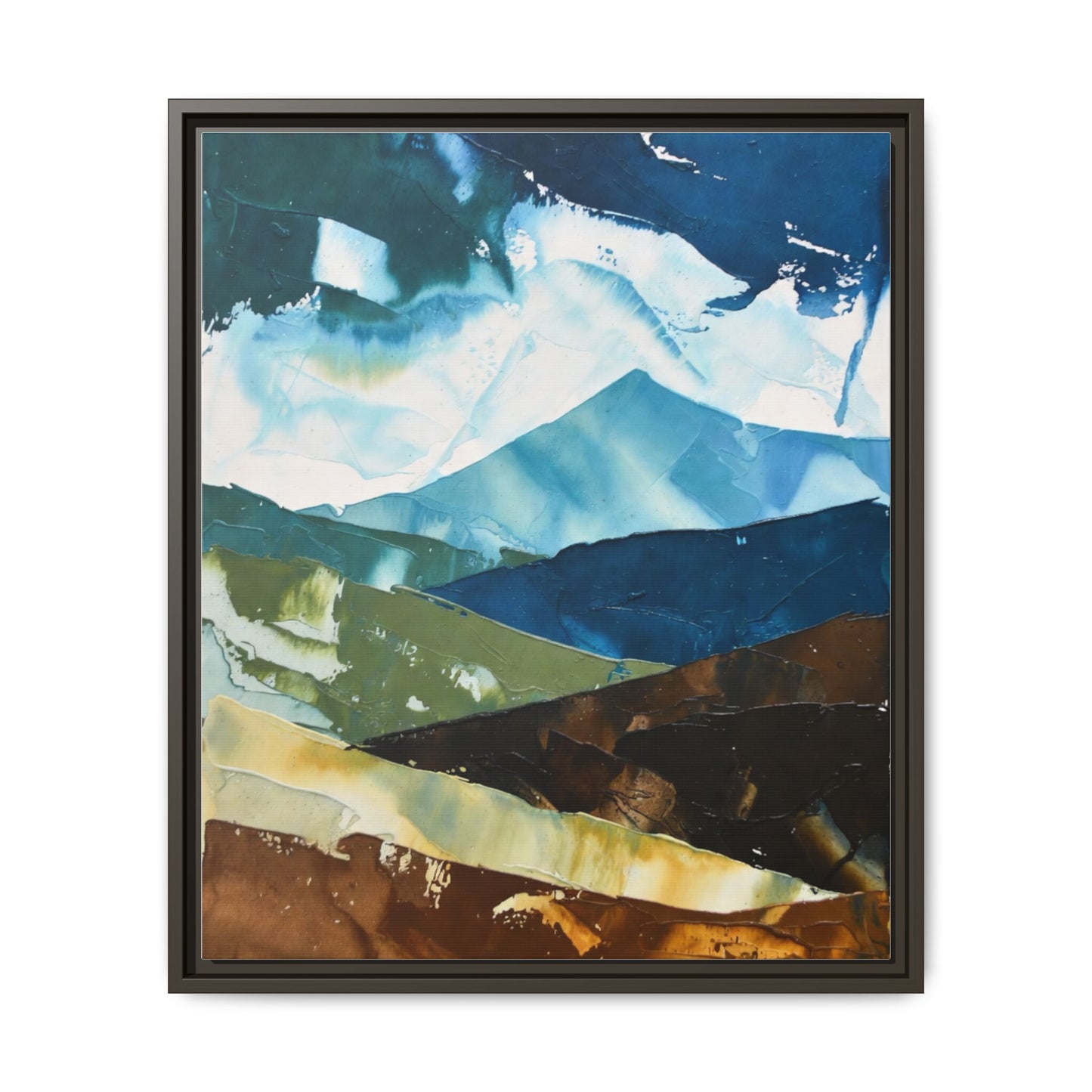 Framed Abstract Mountain Canvas Art — Blue & Earthtone Landscape Print