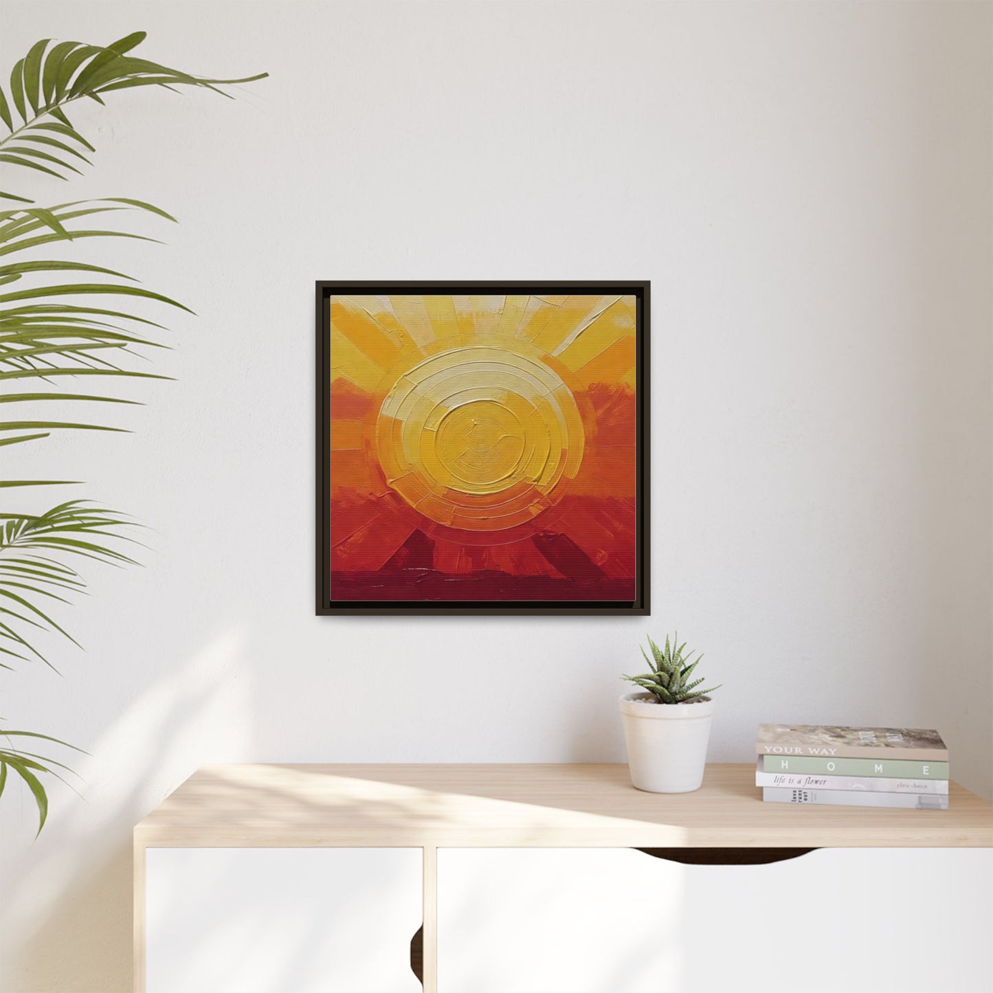 Sunburst Abstract Framed Canvas Art — Matte Multi‑Color Wall Print