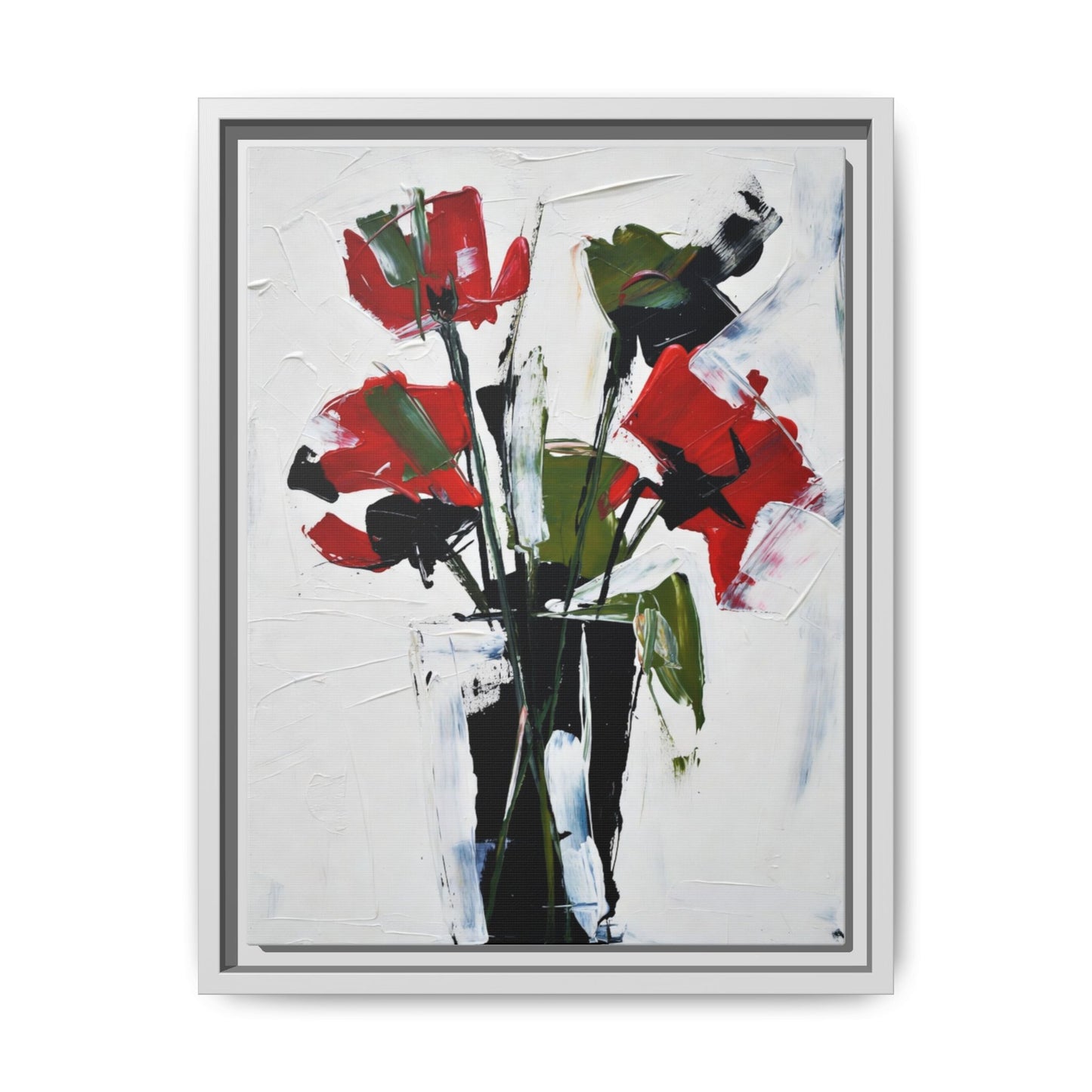 Framed Abstract Floral Canvas Print — Red Poppies in Black Vase