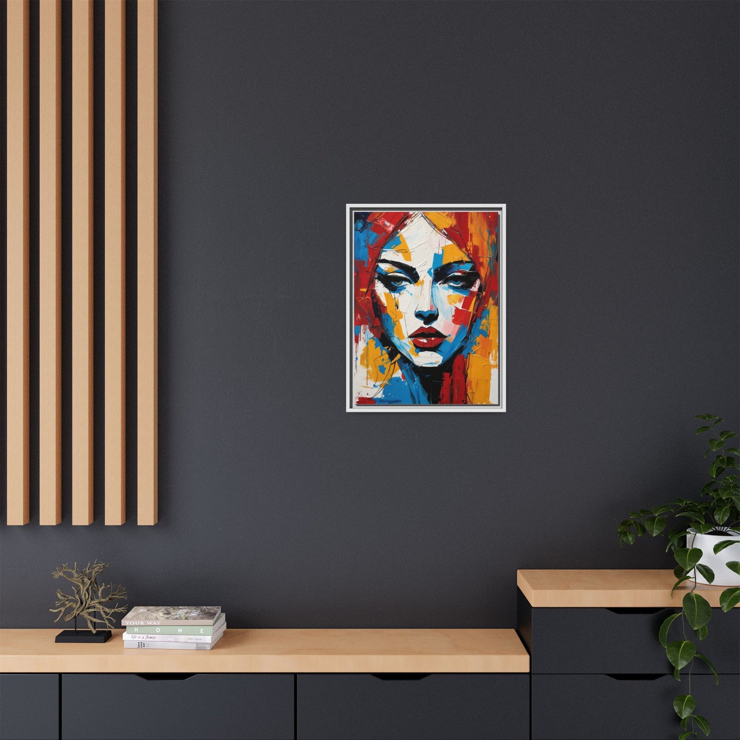 Framed Abstract Portrait Canvas — Colorful Female Face Wall Art