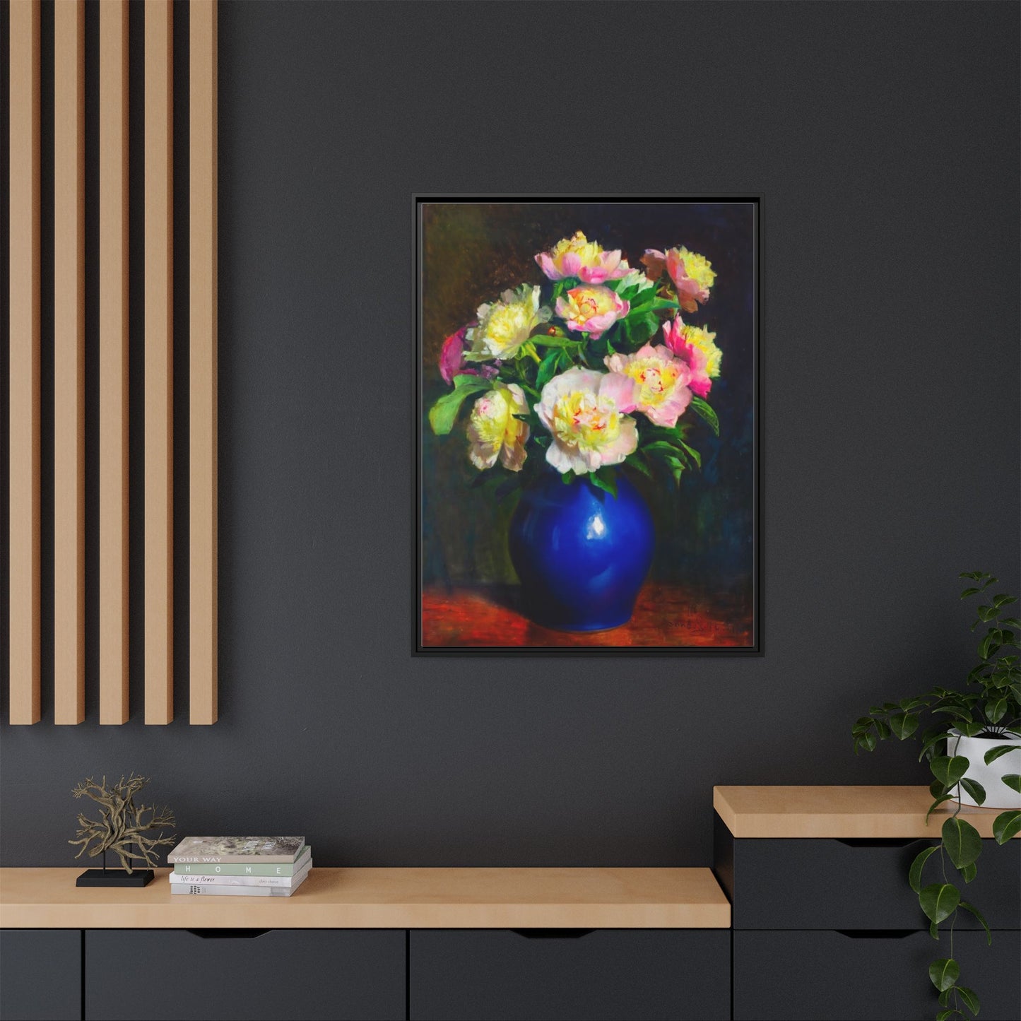 Framed Matte Canvas Wall Art — Vintage Floral Bouquet in Blue Vase