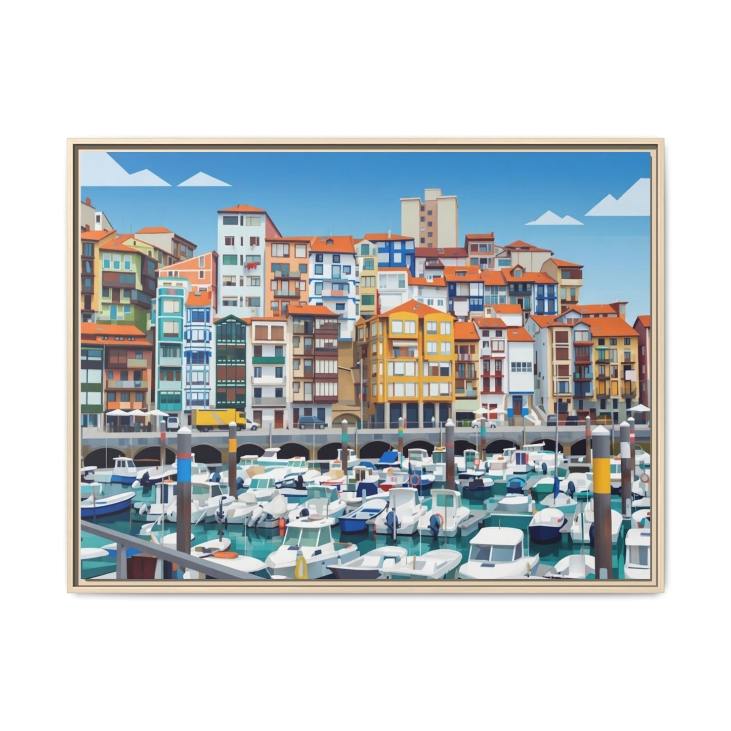 Framed Matte Canvas Print — Colorful Mediterranean Harbor Illustration