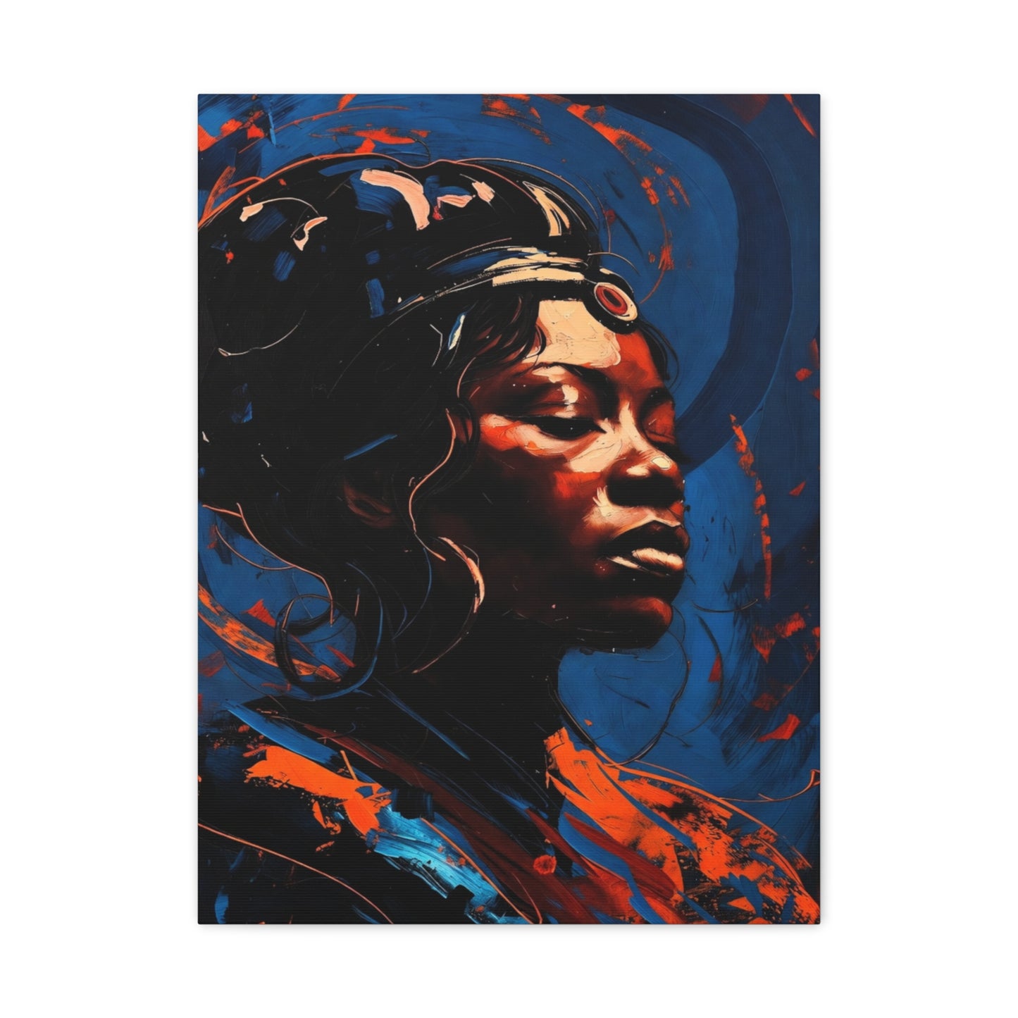 Regal Afrocentric Portrait Matte Canvas Art – Vibrant Blue & Orange Stretched Wall Decor