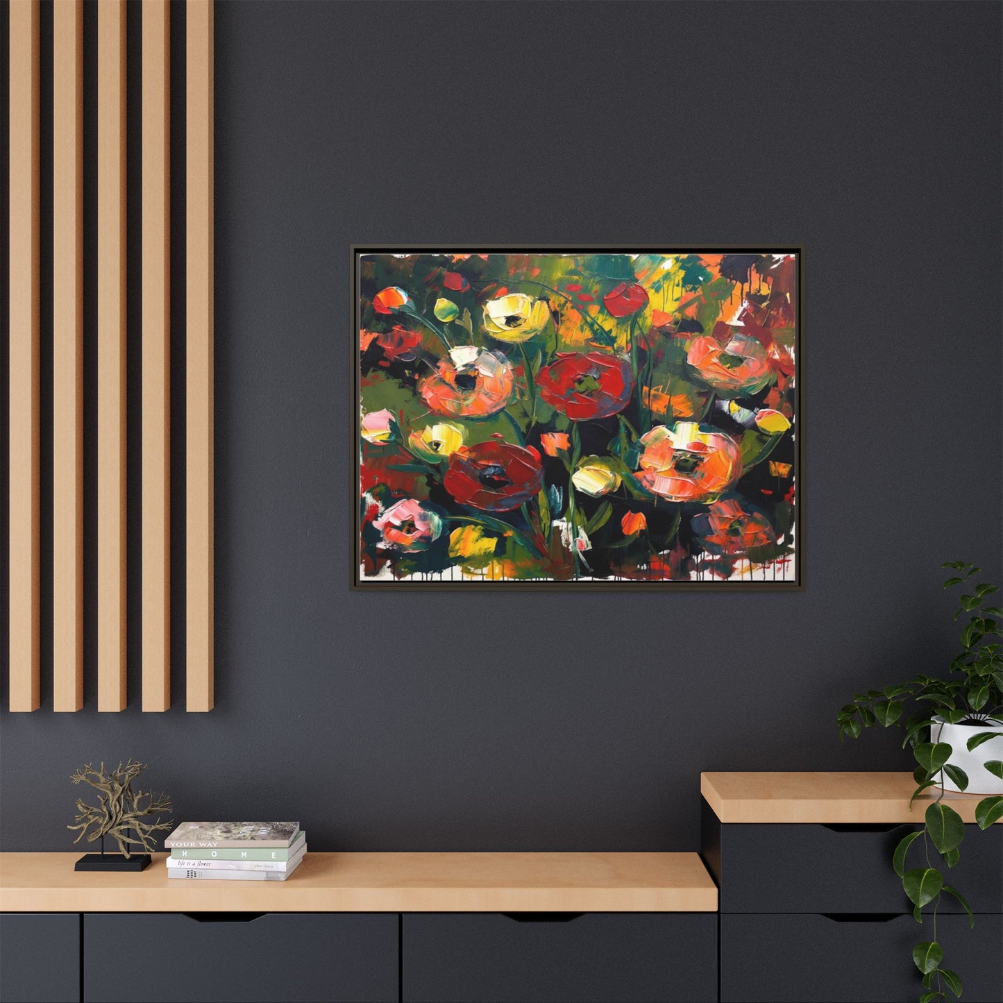 Framed Floral Canvas Print — Vibrant Abstract Poppies Wall Art