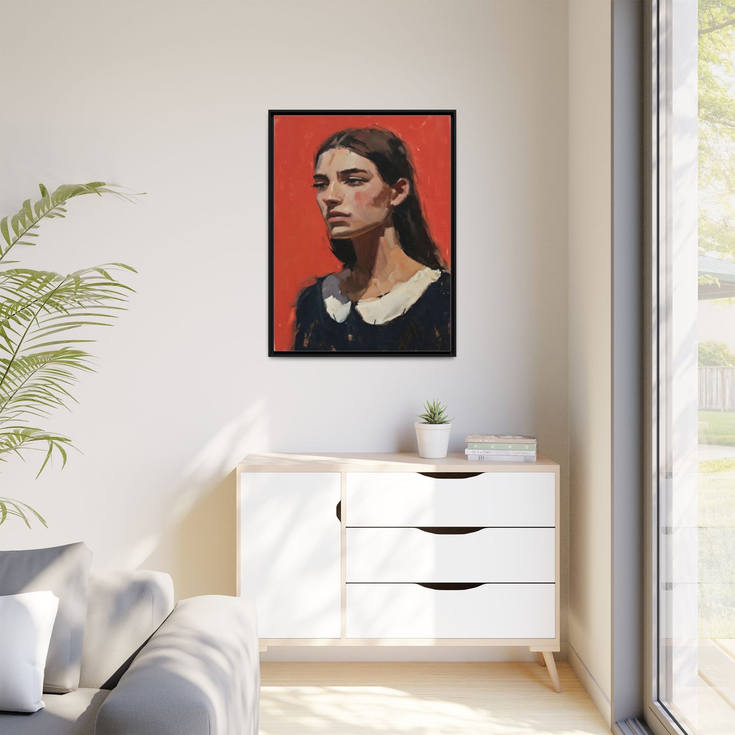 Framed Matte Canvas Portrait Print — Moody Red Figurative Art