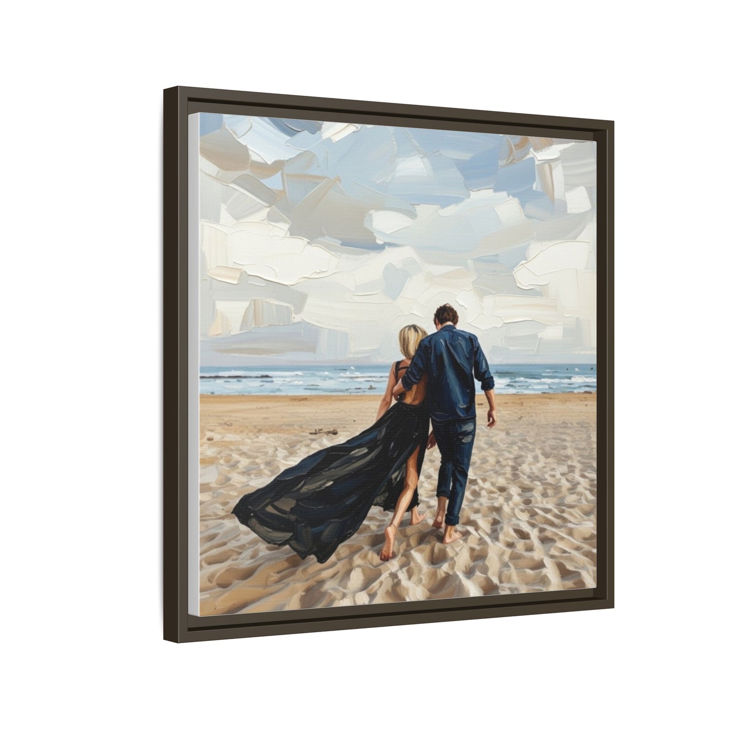 Framed Canvas Wall Art — Romantic Couple Walking on Beach Print