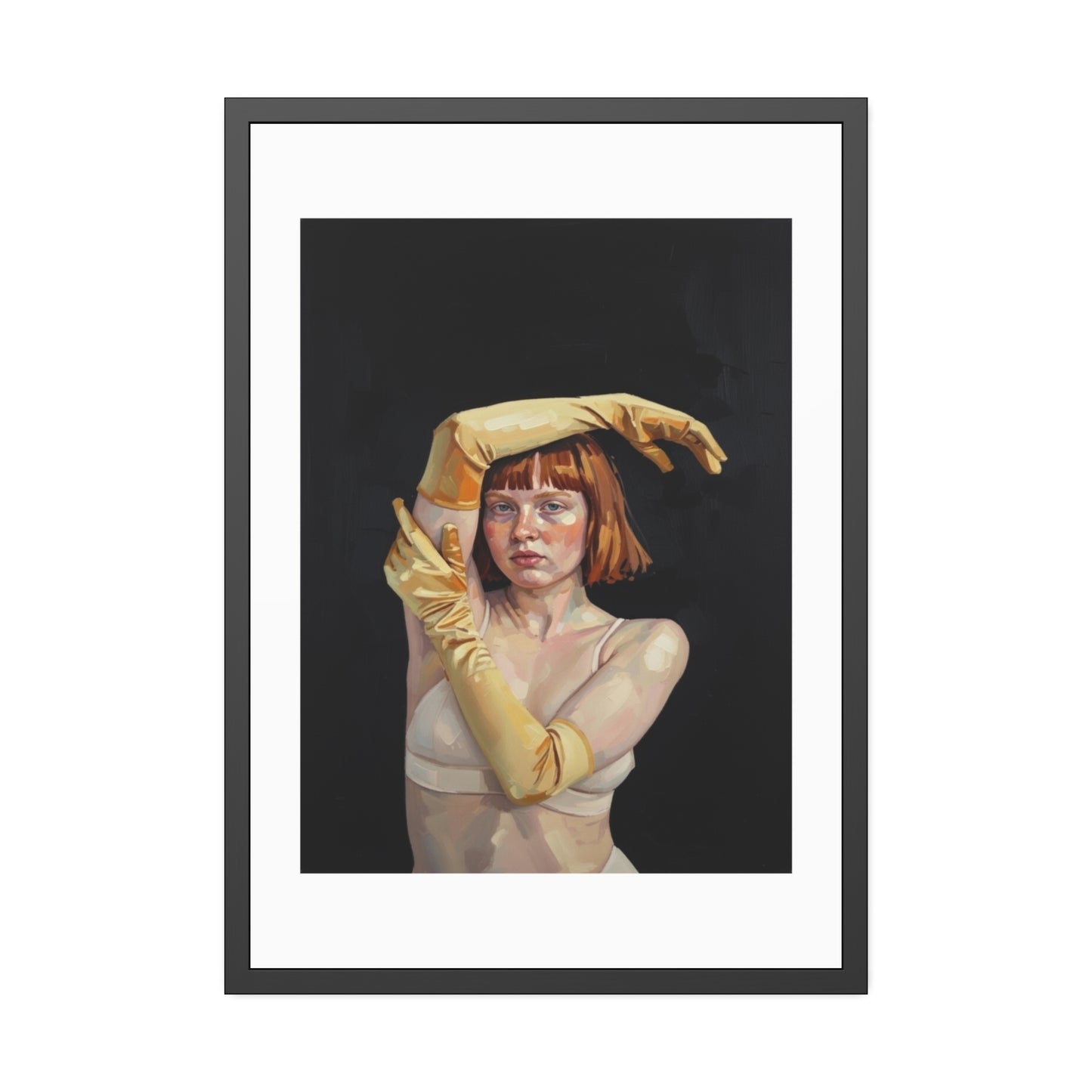 Framed Art Poster — Portrait of Redhead Woman in Yellow Gloves (Gallery Wall Print)
