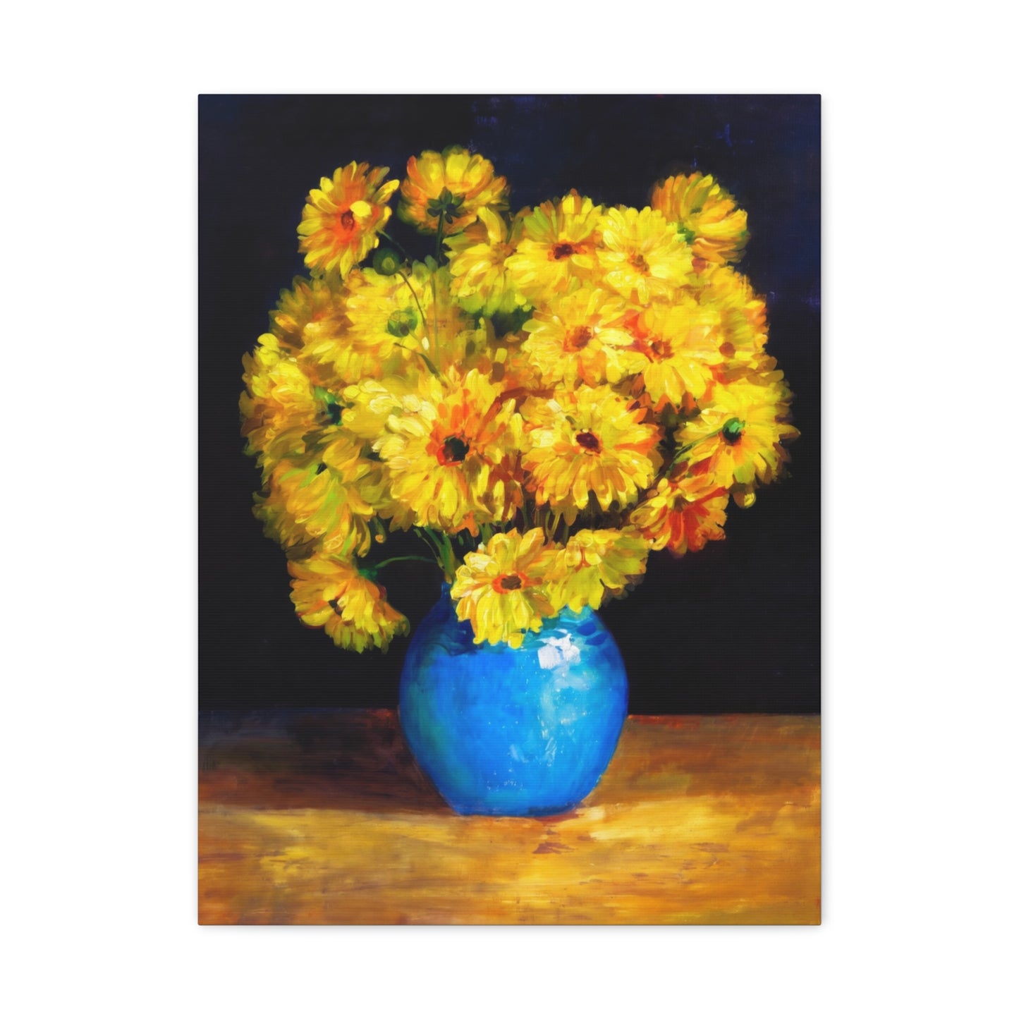 Yellow Chrysanthemum Canvas Wall Art — Blue Vase Floral Painting (Stretched Matte)
