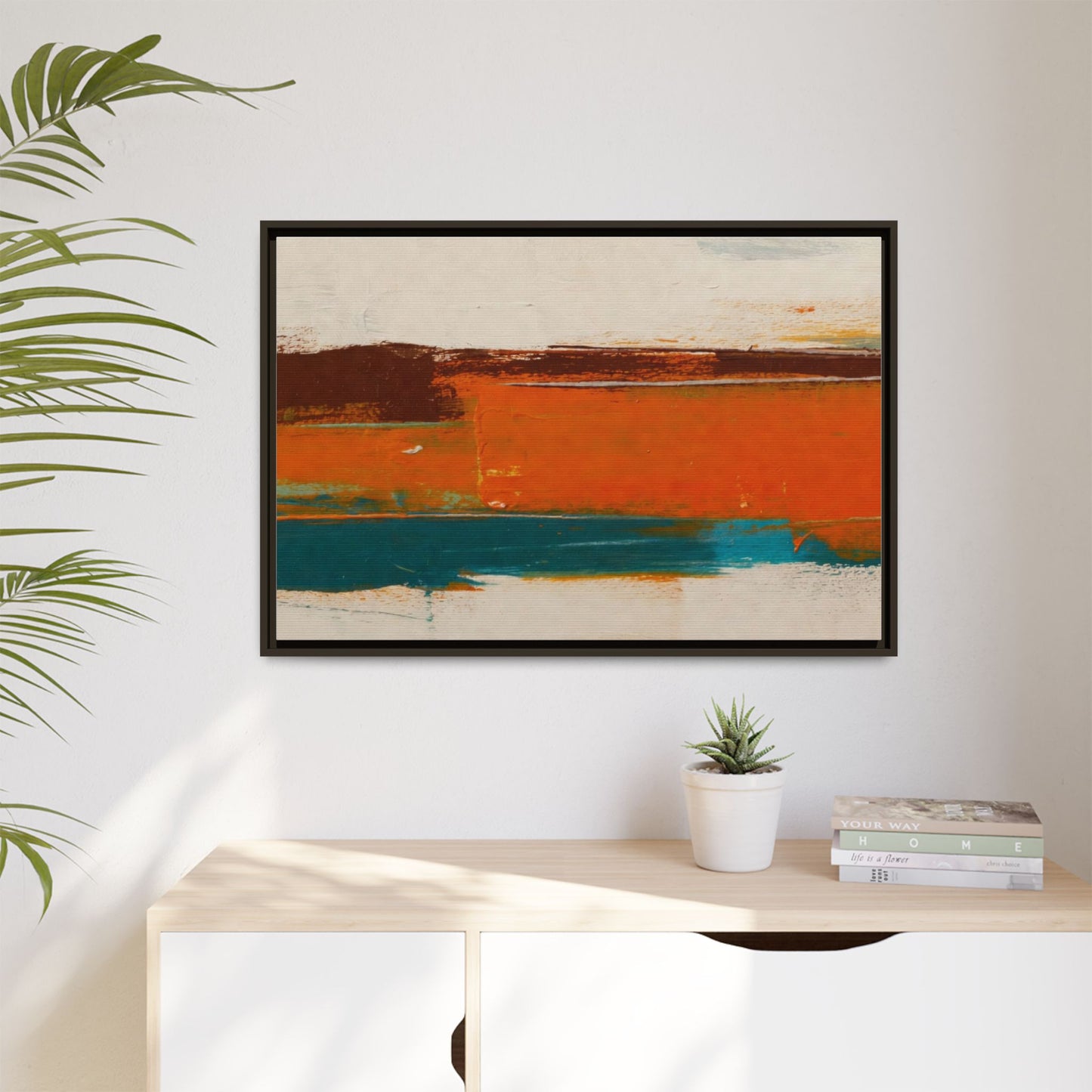 Abstract Horizon Matte Canvas Framed Print — Modern Orange Teal Wall Art