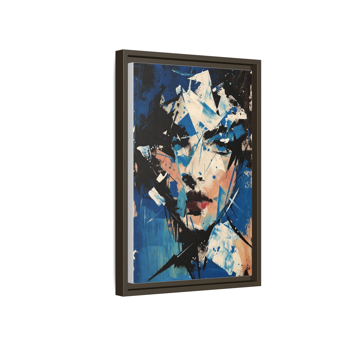 Abstract Portrait Matte Canvas Framed Wall Art — Blue Mixed-Media Face Print