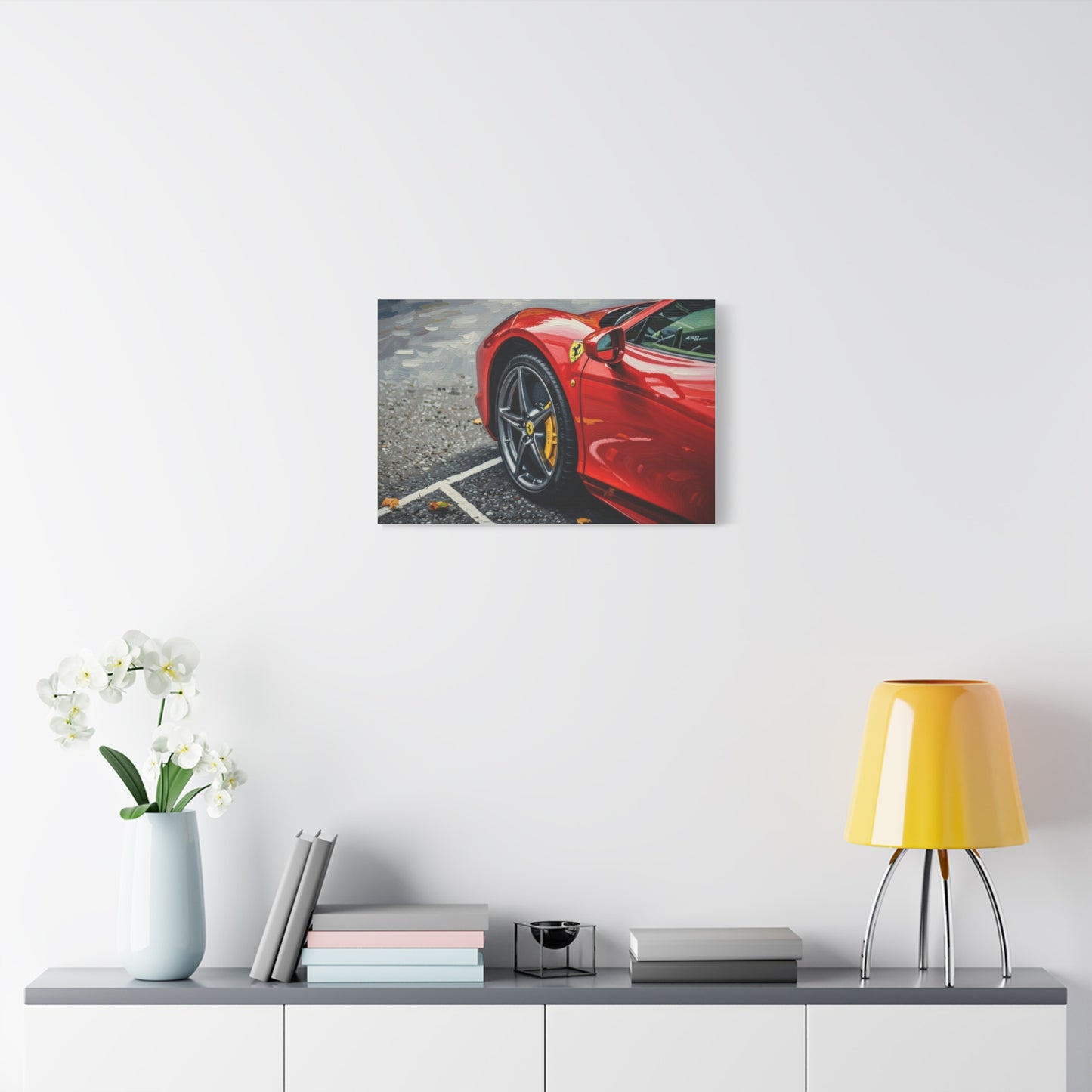 Red Sports Car Canvas Print — Ferrari Wheel Close-Up Matte Stretched Wall Art