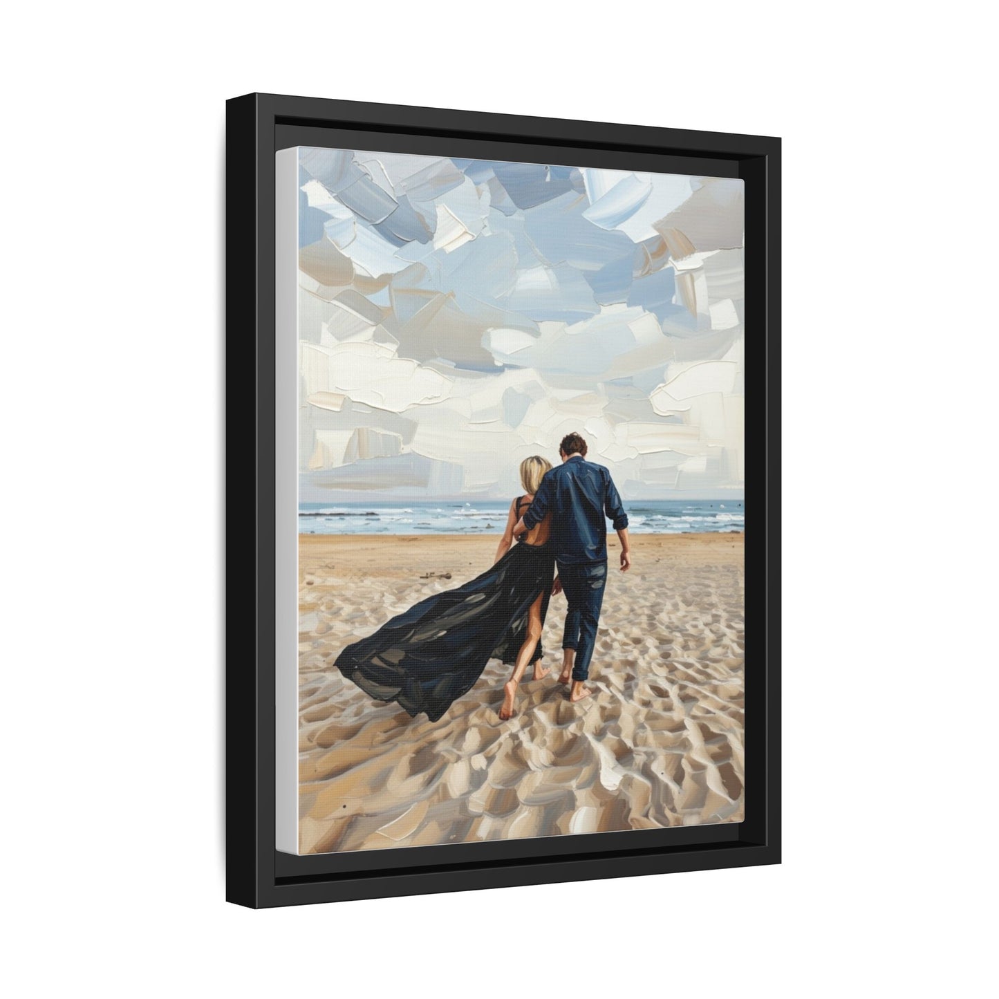 Framed Canvas Wall Art — Romantic Couple Walking on Beach Print