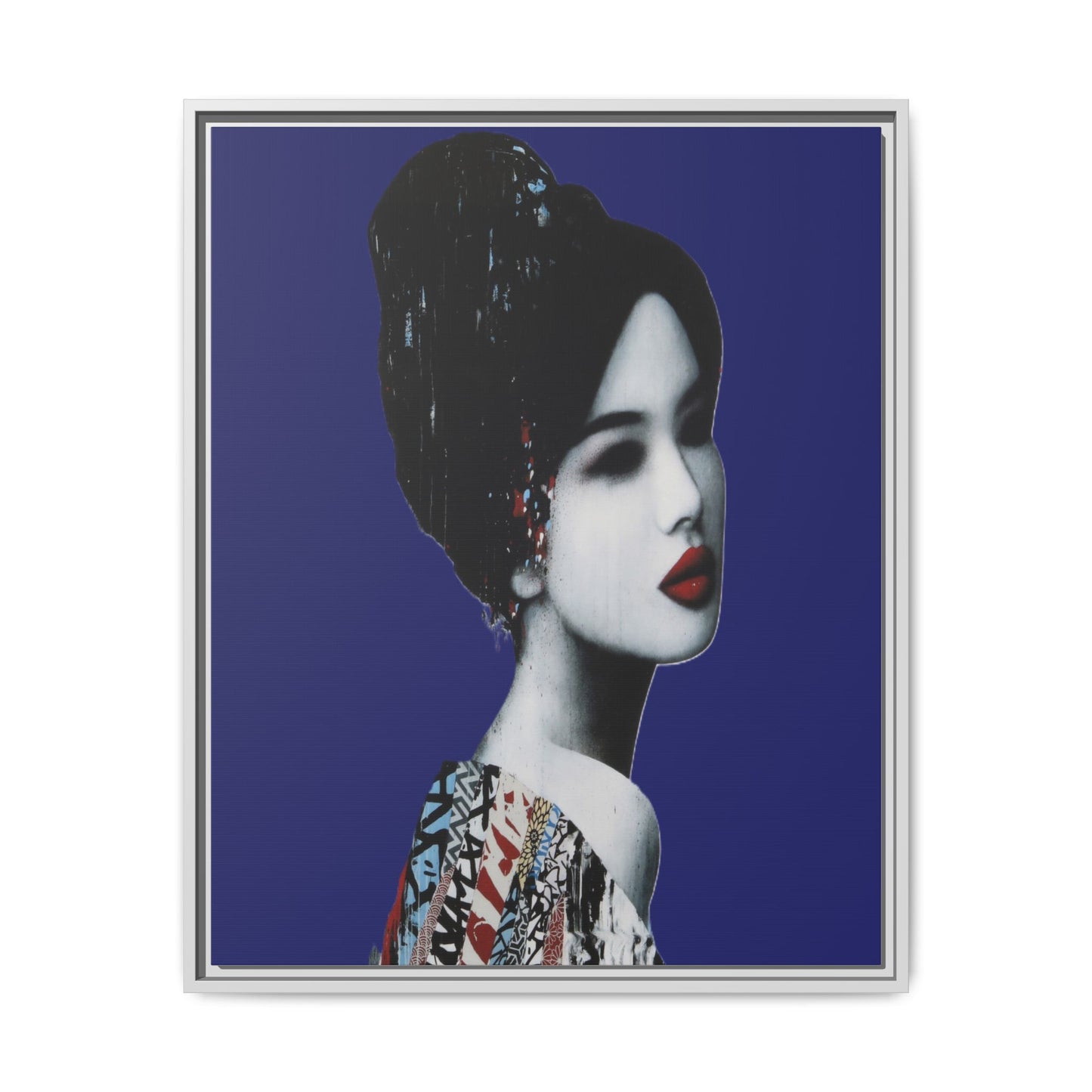 Framed Matte Canvas Art — Elegant Geisha Portrait on Deep Blue