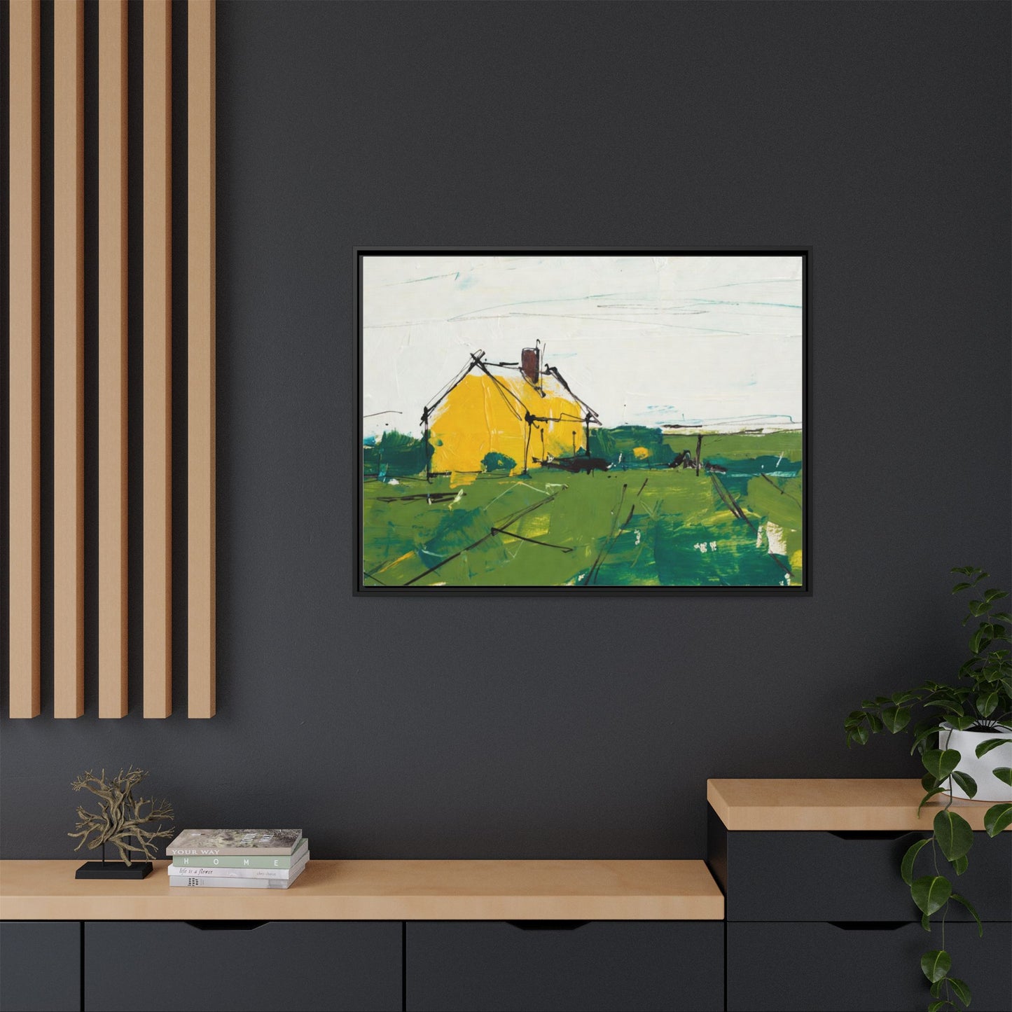 Yellow Cottage Landscape Framed Canvas Print