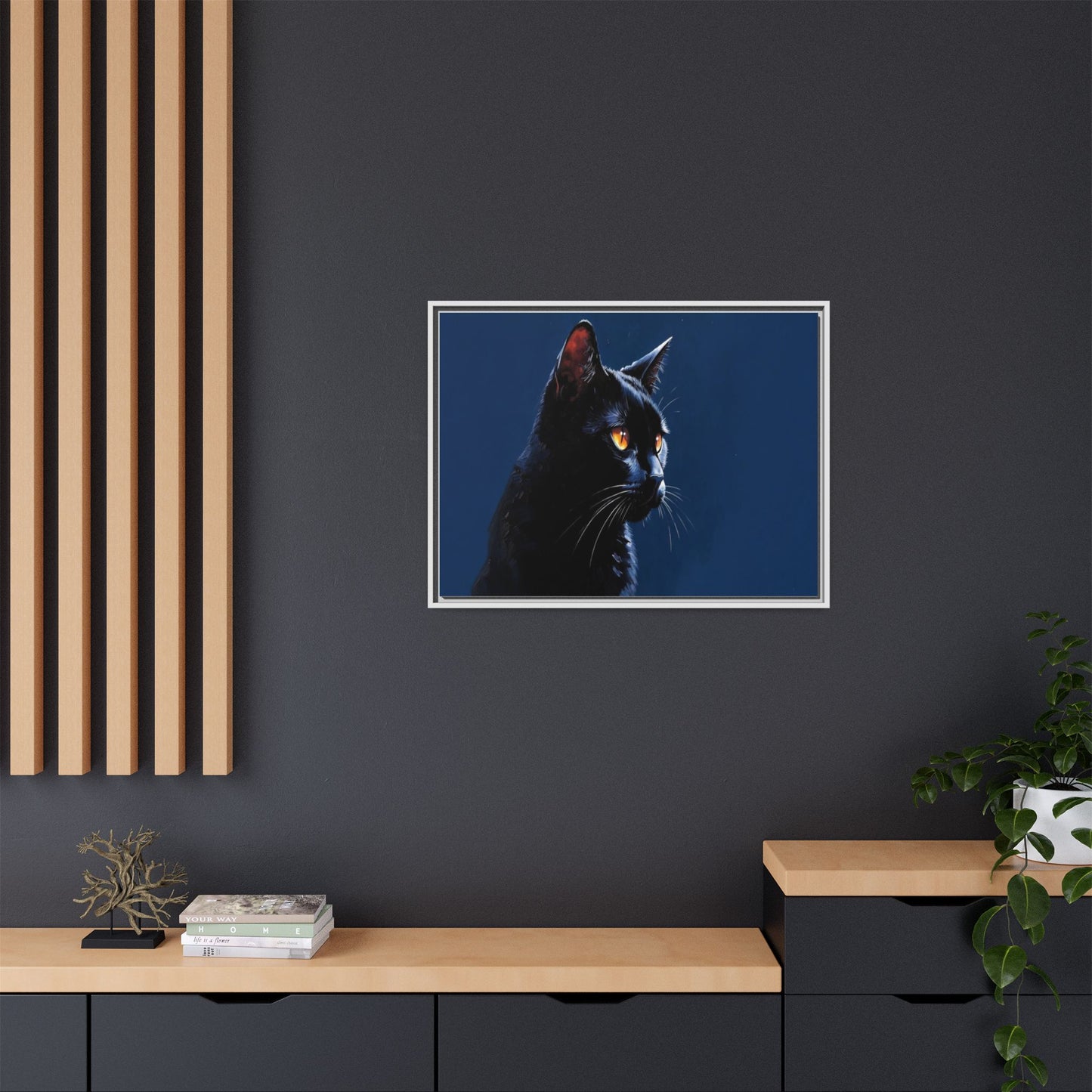 Black Cat Portrait Matte Canvas Framed Wall Art — Dramatic Feline Photo Print