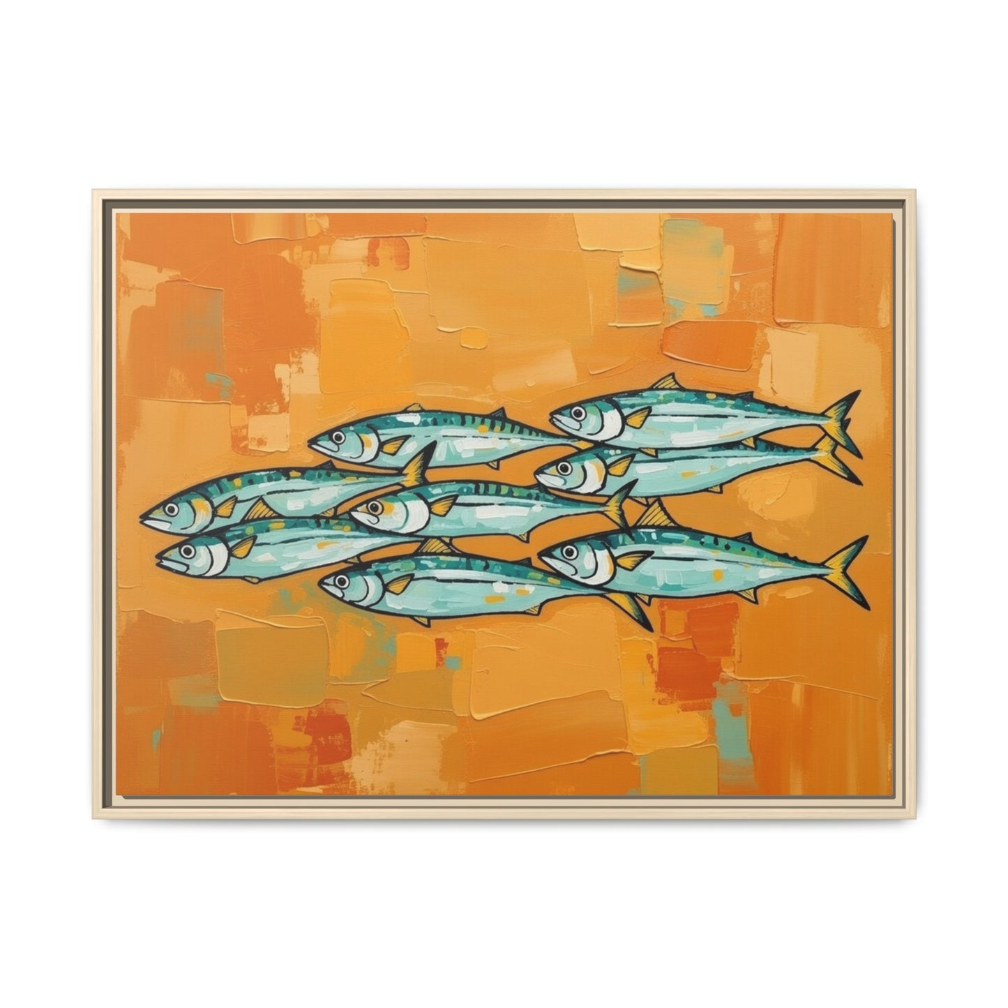 Framed Matte Canvas Print — School of Blue Fish on Orange Abstract Background