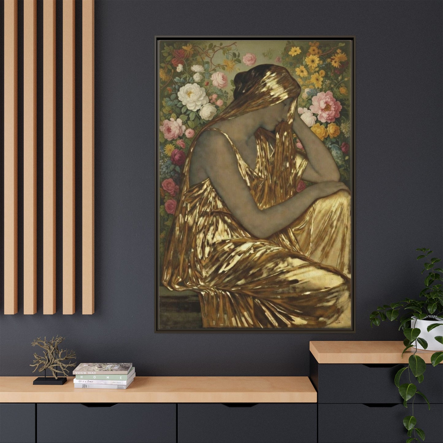 Framed Canvas Art Print — Golden Muse Woman with Floral Background