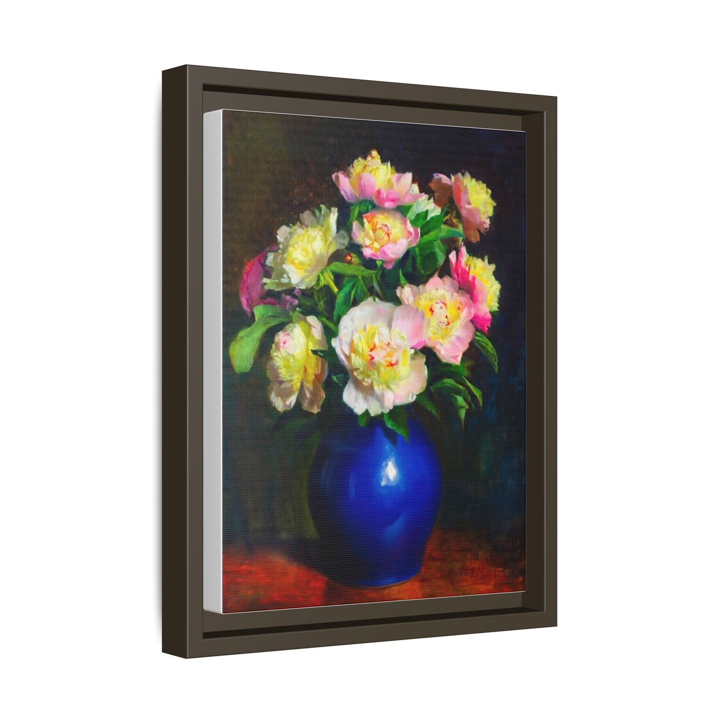 Framed Matte Canvas Wall Art — Vintage Floral Bouquet in Blue Vase