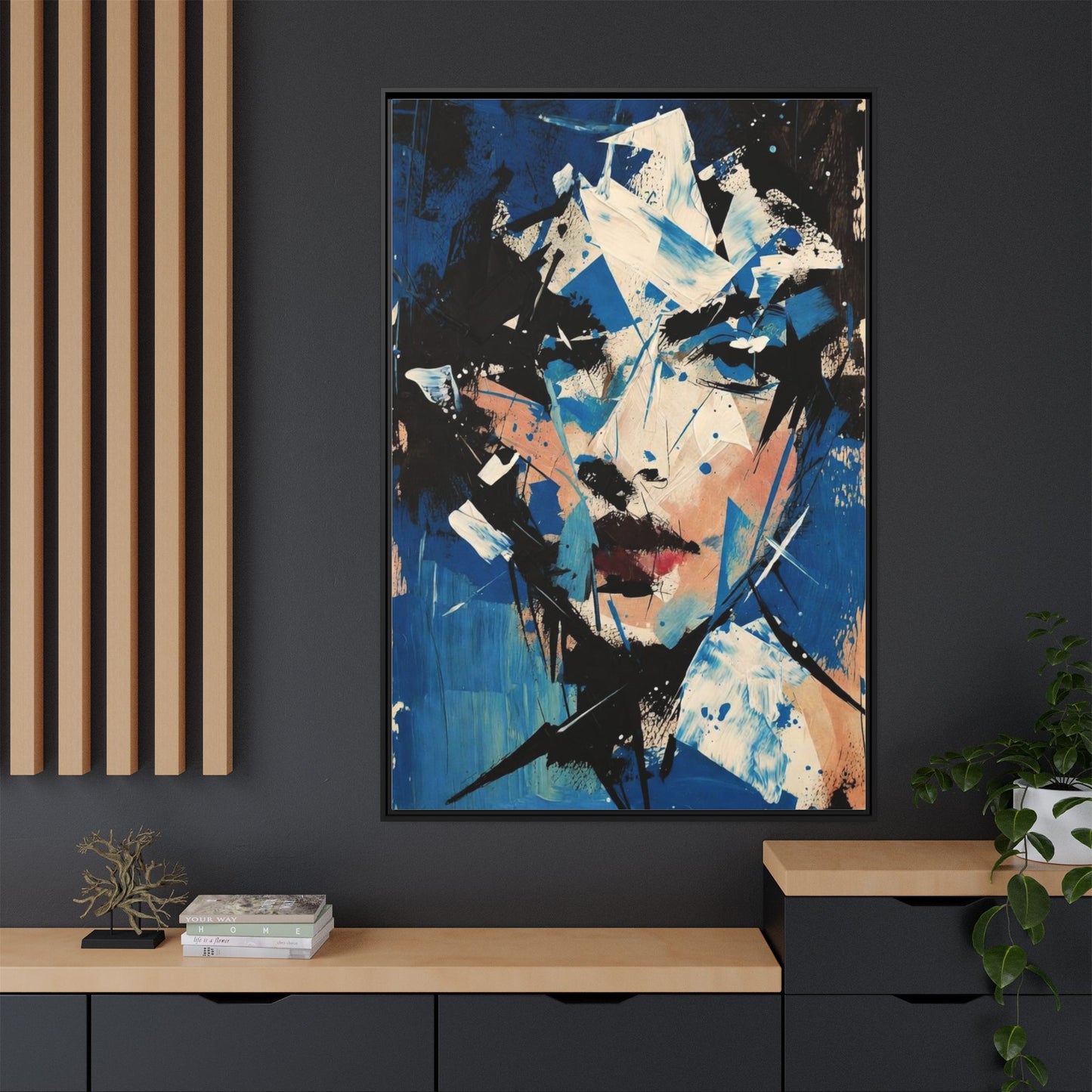 Abstract Portrait Matte Canvas Framed Wall Art — Blue Mixed-Media Face Print