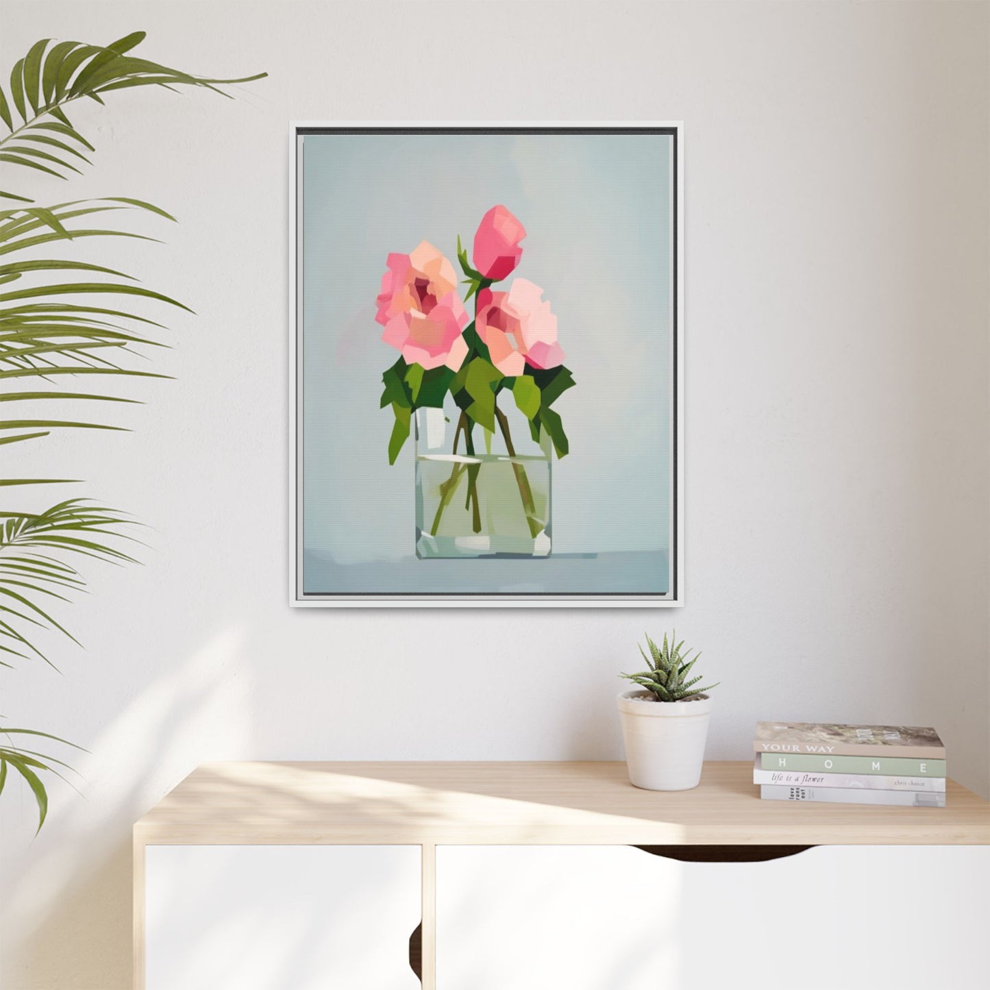 Framed Floral Canvas Print — Pink Roses in Glass Vase (Matte)