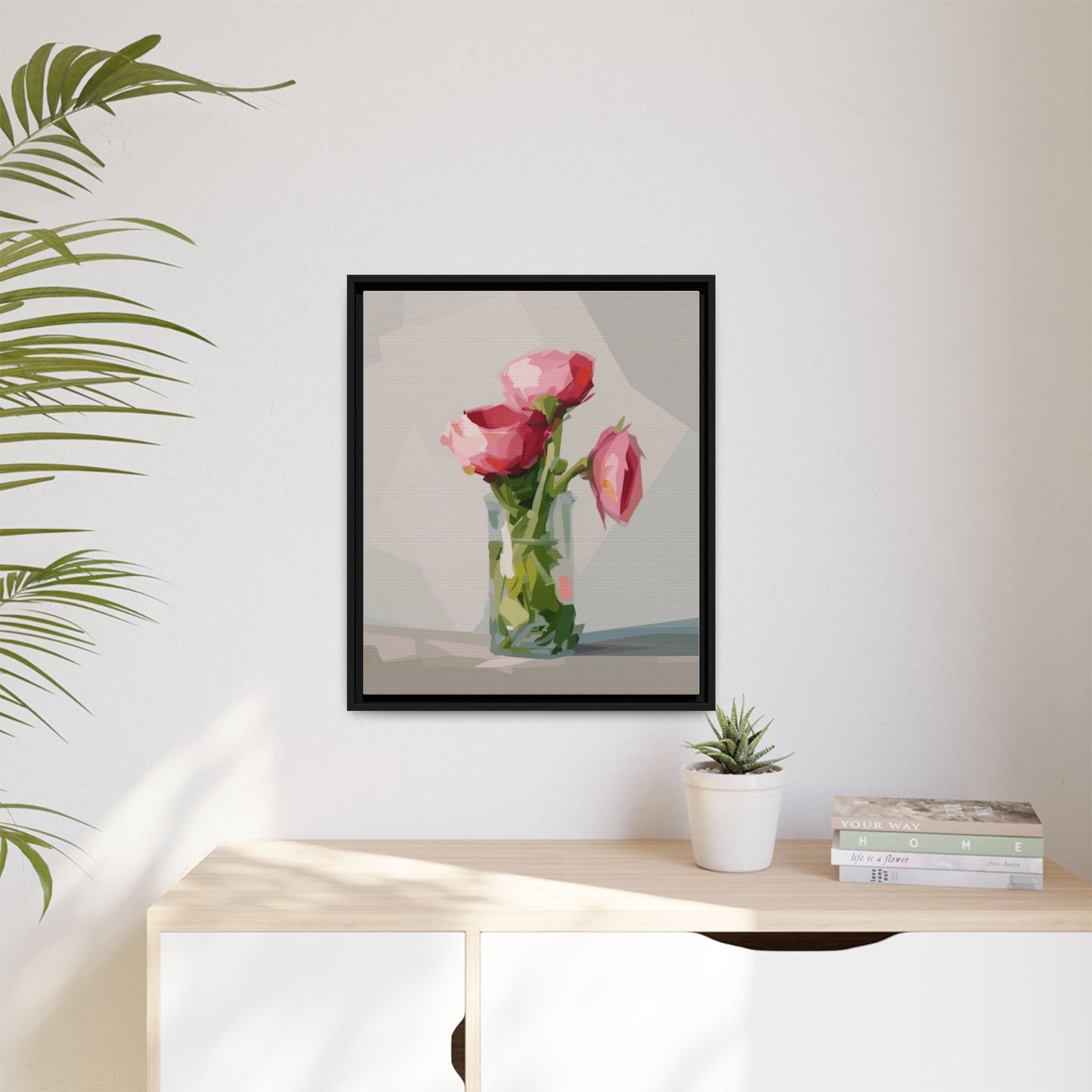 Framed Canvas Art — Pink Roses in Vase, Modern Floral Wall Print