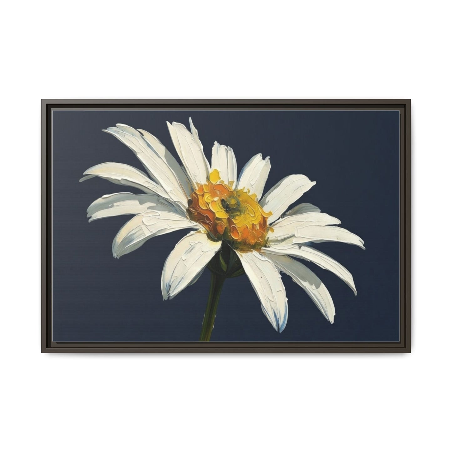 Framed Matte Canvas Daisy Wall Art — White Floral Painting on Navy