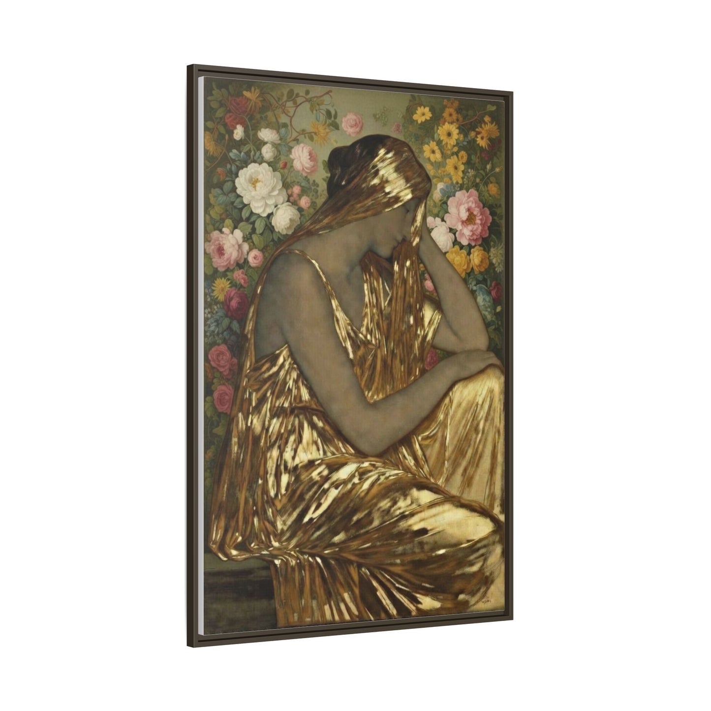 Framed Canvas Art Print — Golden Muse Woman with Floral Background