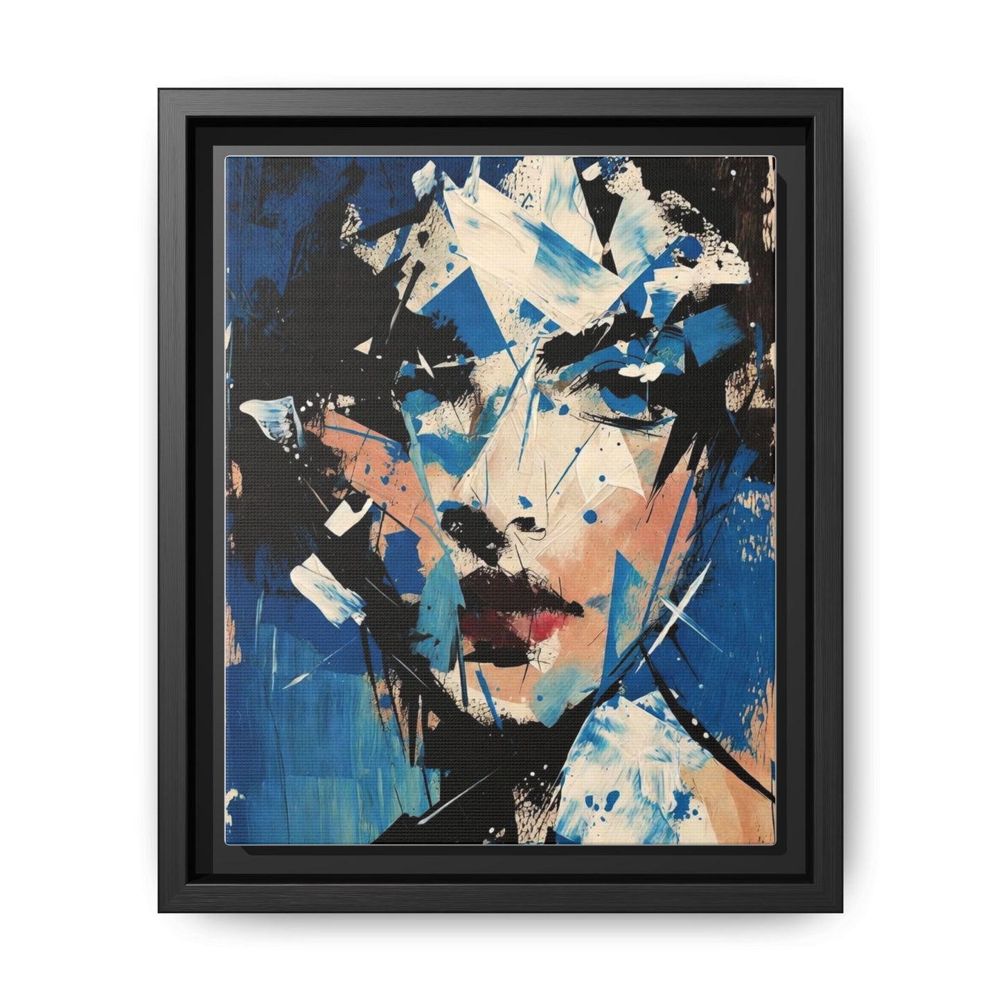 Abstract Portrait Matte Canvas Framed Wall Art — Blue Mixed-Media Face Print