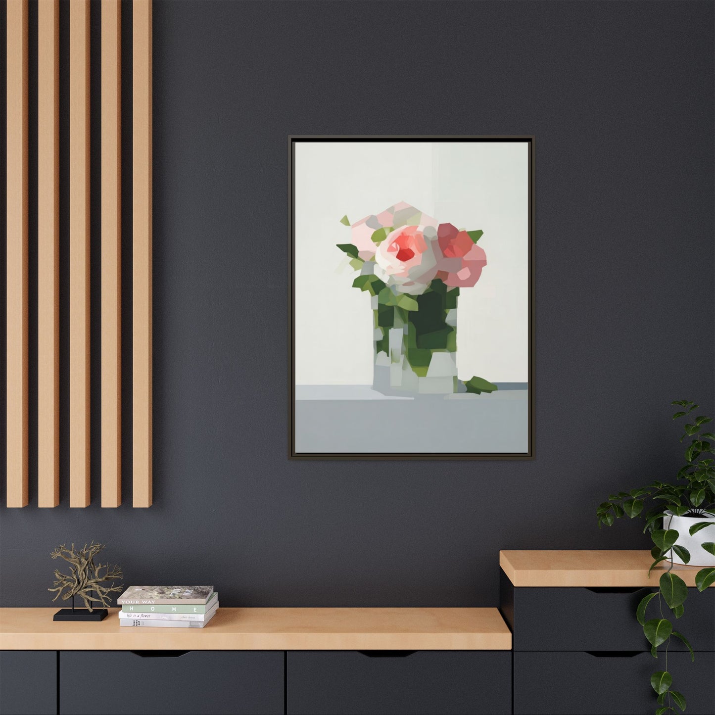 Framed Floral Canvas Print — Modern Pink Roses Still Life