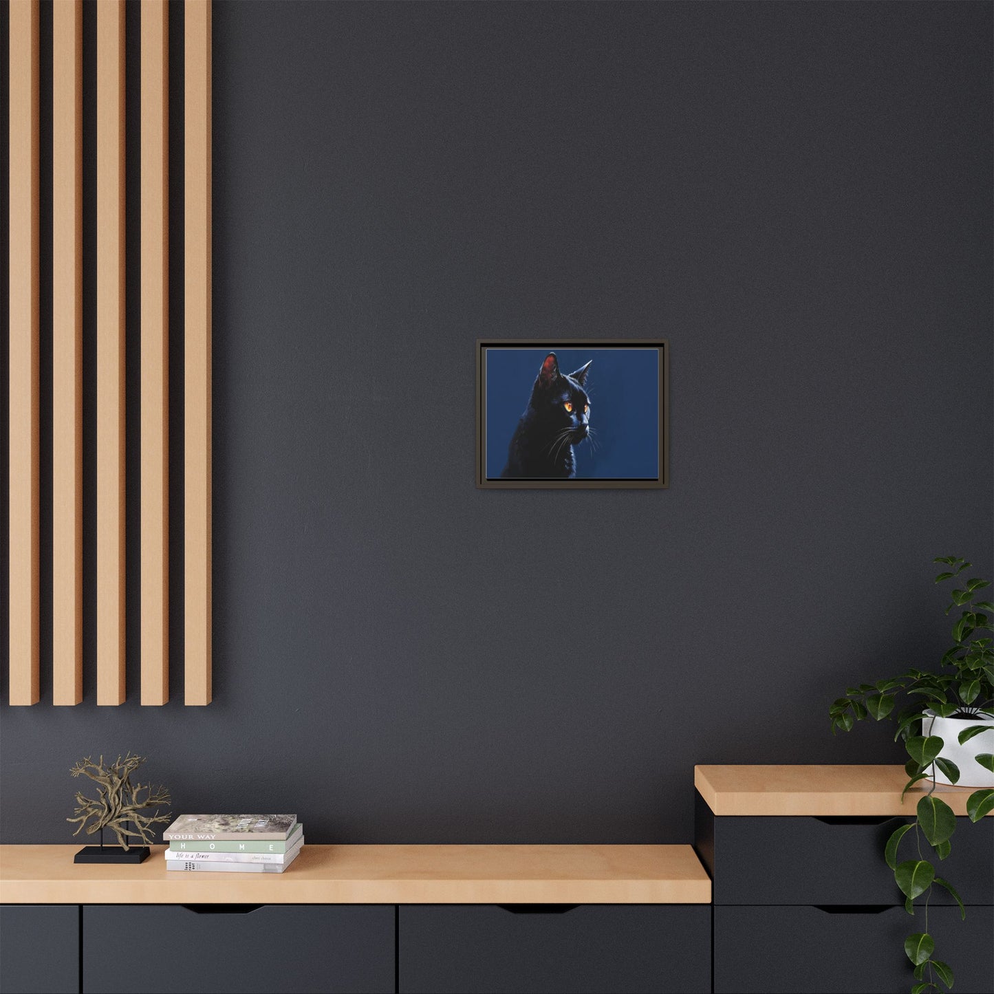 Black Cat Portrait Matte Canvas Framed Wall Art — Dramatic Feline Photo Print