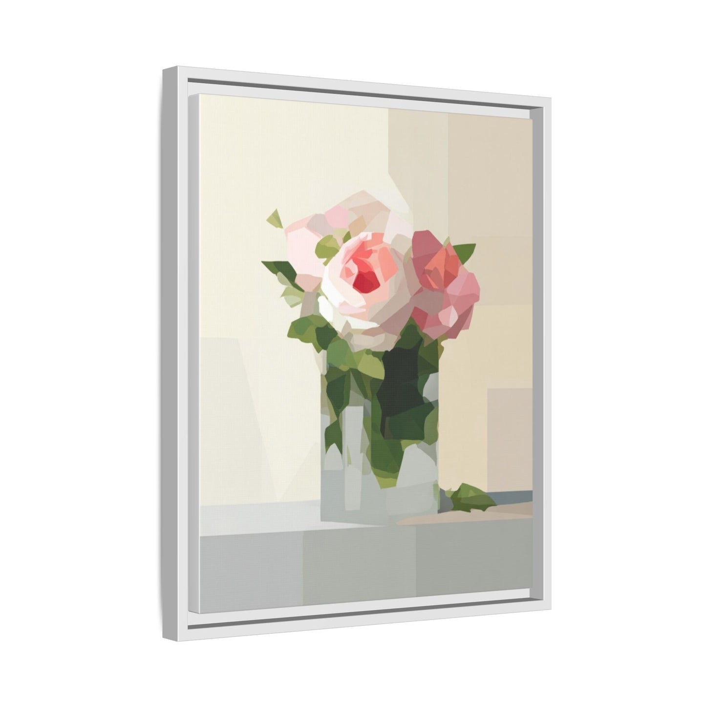 Framed Floral Canvas Print — Geometric Pink Rose Wall Art