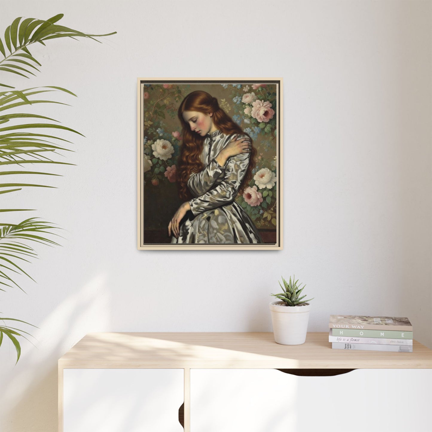 Framed Matte Canvas Art — Vintage Floral Portrait of a Young Woman